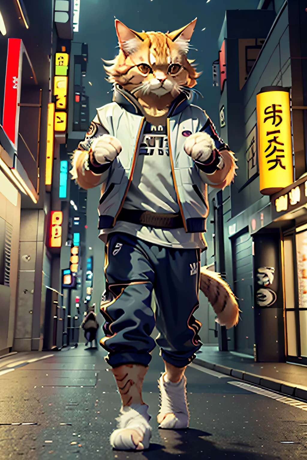C4ttitude, Attentive eyes ,fur, challenger, agile, engaging, Stylish sportswear,nylon, Fast paws,walking at street, random karate pose, (Tokyo Night Street Background 2021),masterpiece, best quality, ultra-detailed,8k wallpaper,Hyper-Resolution， Unreal 5
