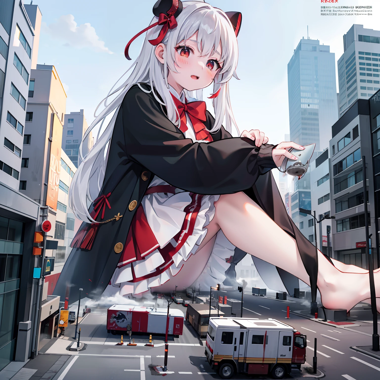 White messy hair, Red-eyed girl, Black premium coat, Red short sleeves,Barefoot （Bloodstained soles of the feet:1.8）, reference sheet, tachi-e, Wide-angle, kanon, Motion blur, Ray tracing, Award-Awarded, High details, Smooth skin, 4K, Anatomically correct, ccurate, retinas，magazine cover text，blood-streaked face，Huge schoolgirls sitting on a city street the size of a toy。GTS giantess stampedes on the city。