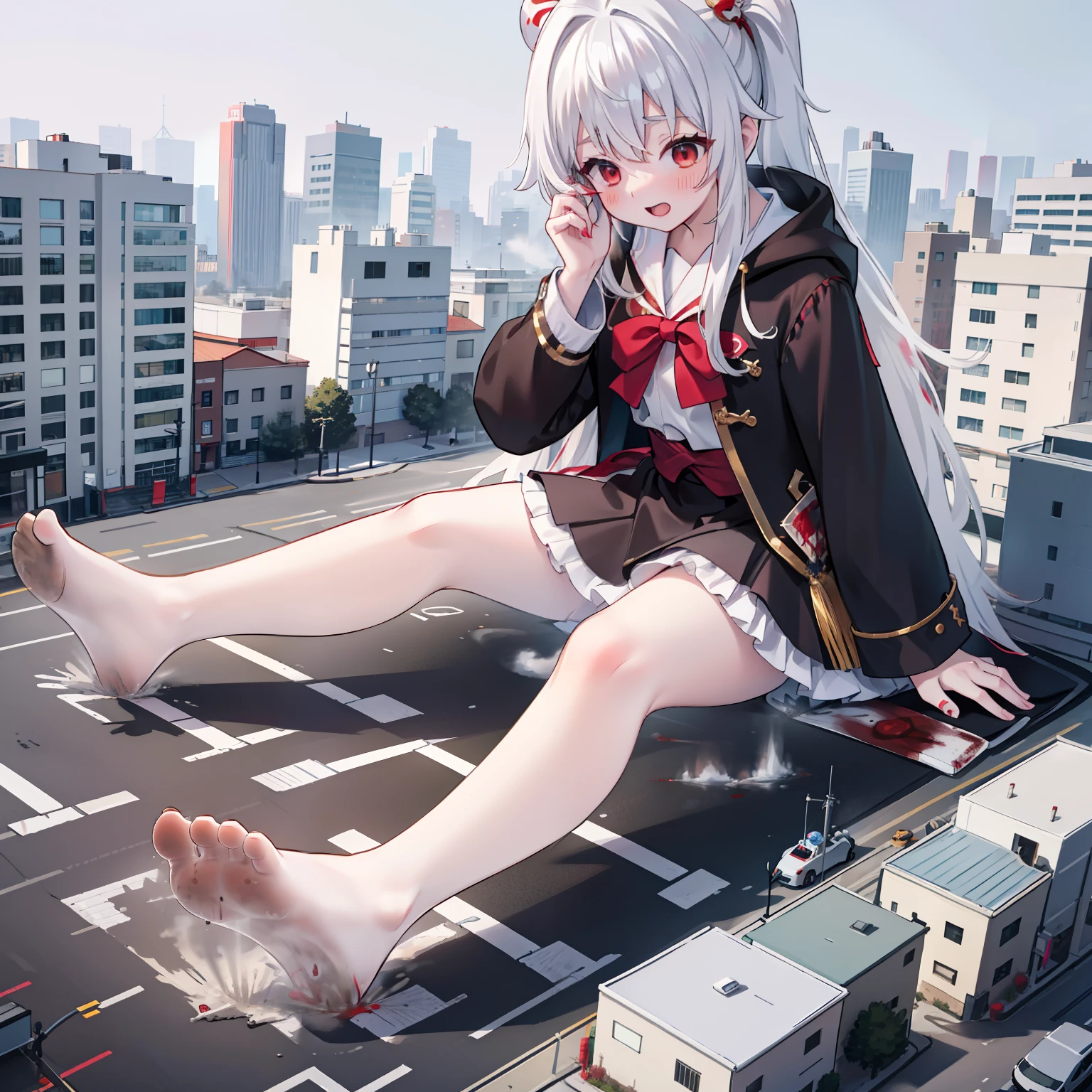 White messy hair, Red-eyed girl, Black premium coat, Red short sleeves,Barefoot (Bloodstained soles of the feet:1.8), reference sheet, tachi-e, Wide-angle, kanon, Motion blur, Ray tracing, Award-Awarded, High details, Smooth skin, 4K, Anatomically correct, ccurate, retinas,magazine cover text,blood-streaked face,Huge girls sitting on a city street the size of a toy。GTS giantess stampedes on the city。