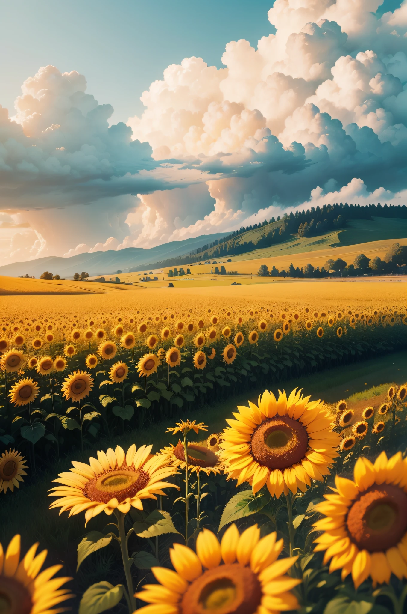 en el fondo esta llenos de la nubes y juntos en el medio del sol.... y por el medio de abajo hay muchos girasoles