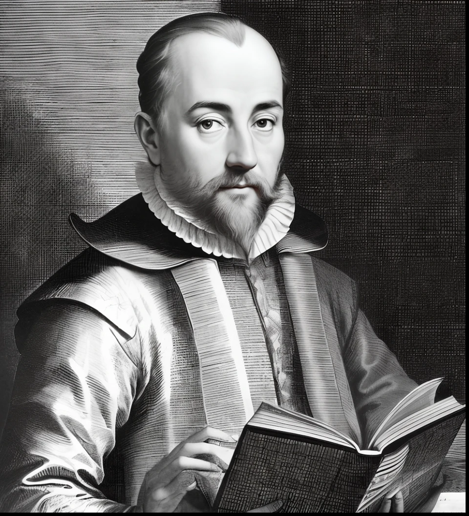 a black and white drawing of a man holding a book, inspired by Willem Hondius, gregory euclide, hieronymus boch, johannes vormeer, giorgio vasari, maurits cornelis, inspired by Johann Bodin, pieter rudolph kleijn, inspired by Cornelis de Man, inspired by Matthias Stom, by Johann Bodin