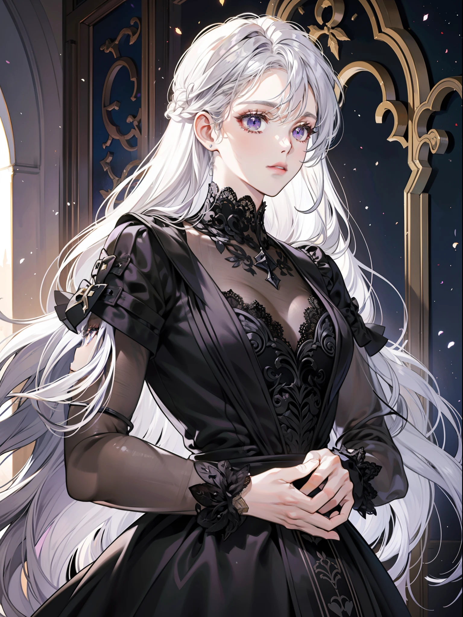 Silvery-white hair，Purple eye，Black silk dress，Lace，Shoulders exposed，forest backgrou，Contre-Jour，Cinematic texture，Light and shadow changes，Europe，Middle Ages，Pull half of your body closer