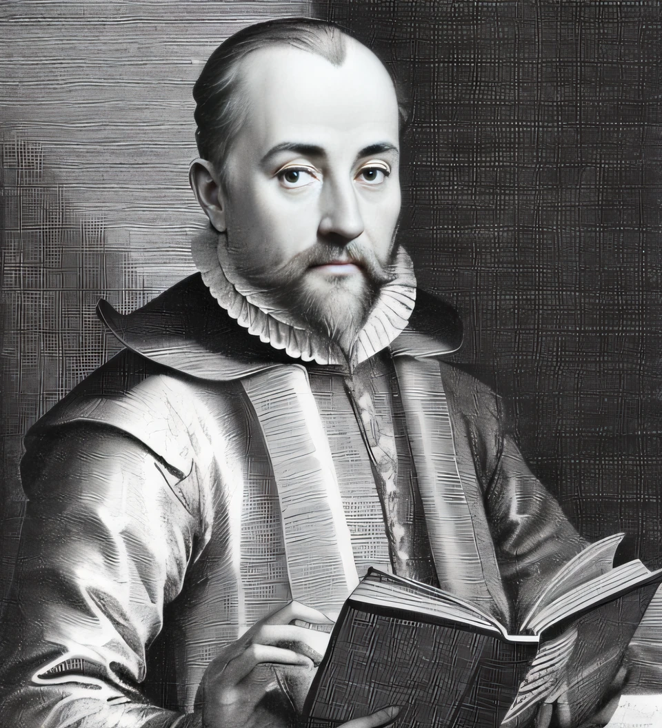 a black and white drawing of a man holding a book, inspired by Willem Hondius, gregory euclide, hieronymus boch, johannes vormeer, giorgio vasari, maurits cornelis, inspired by Johann Bodin, pieter rudolph kleijn, inspired by Cornelis de Man, inspired by Matthias Stom, by Johann Bodin