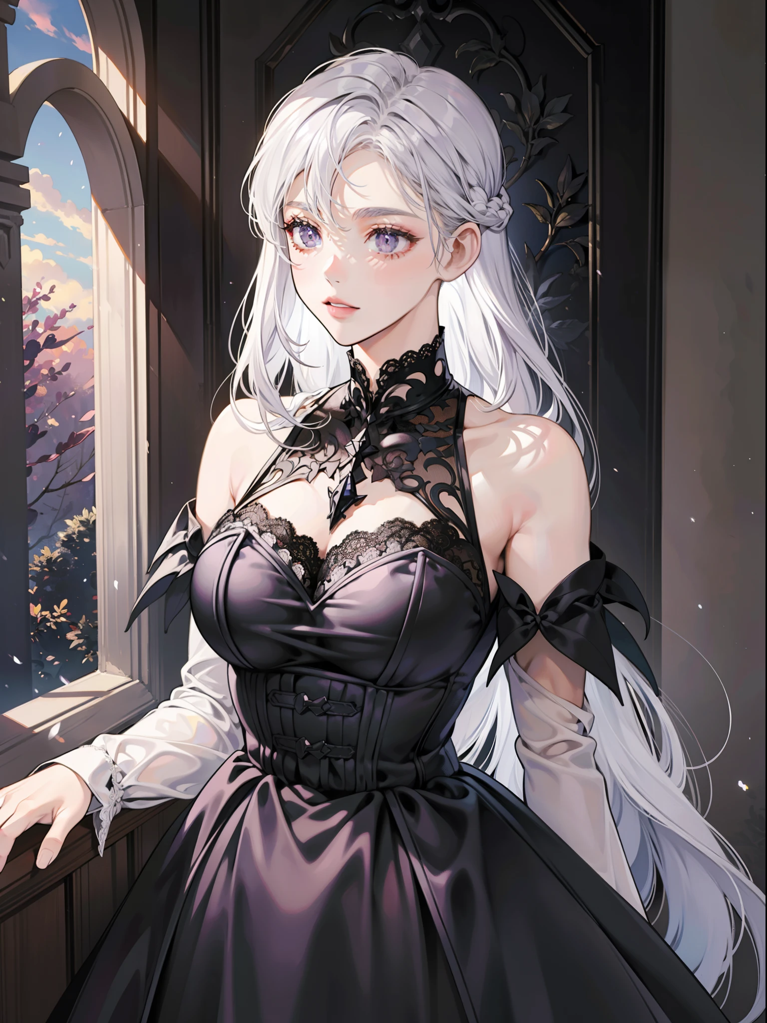 A woman with long silver-white hair lying on turf,Silvery-white hair,Long hair scattered,Purple eye,((Black dress)),The turf is covered with various flowers,Colorful,Light,Texture,bangs,Natural causes,Delicate and beautiful details,(Eye details),very detailed illustration