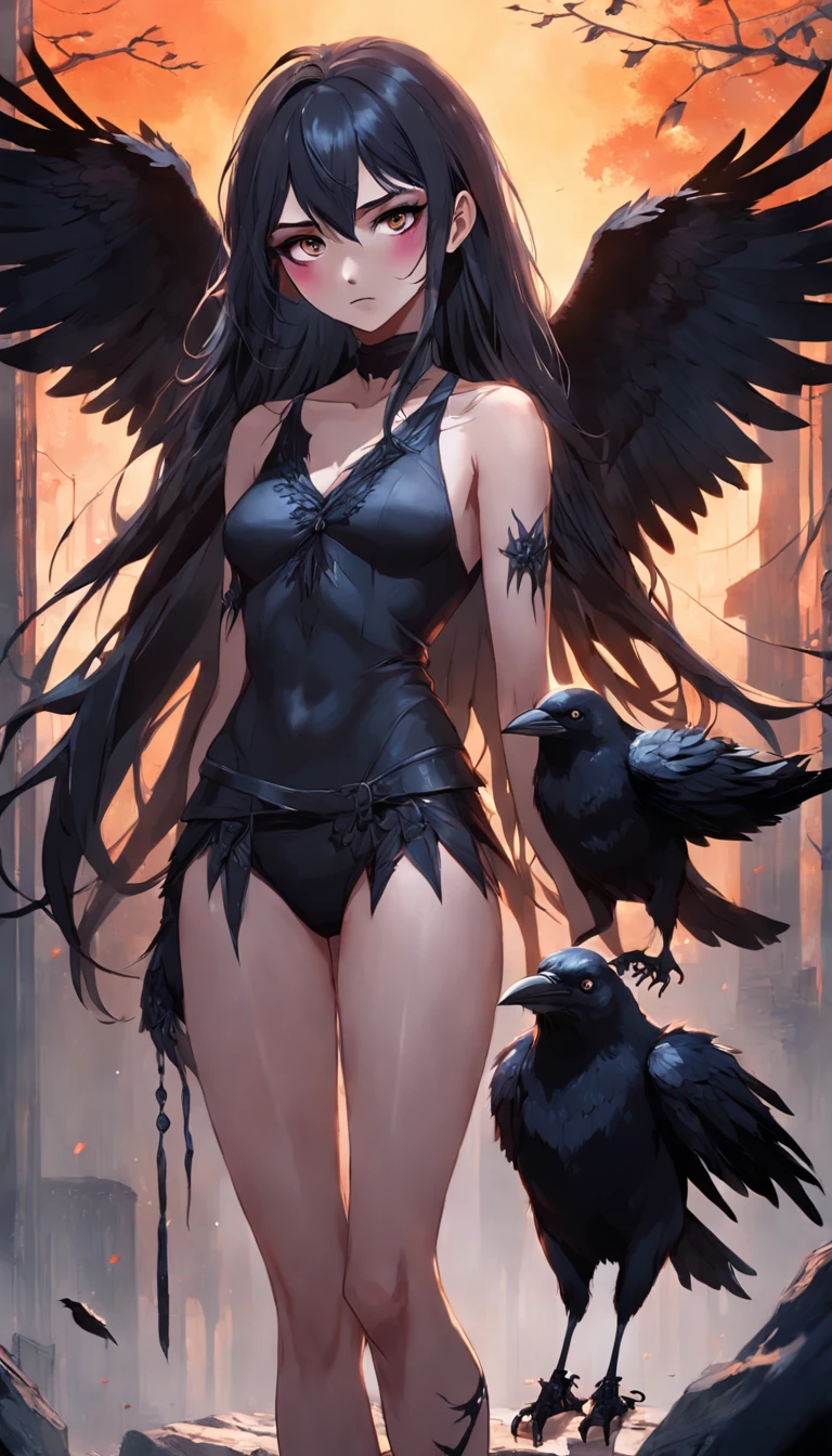 masterpiece, best quality, movie still, 1girl, monstergirl, crow woman, full body, portrait, detailed (eyes), long (hair), perfect body, proportional body, crow|raven wings, deep look, (short top shirt and pants), close-up, cold soft lighting, sunset, (aura:0.7)