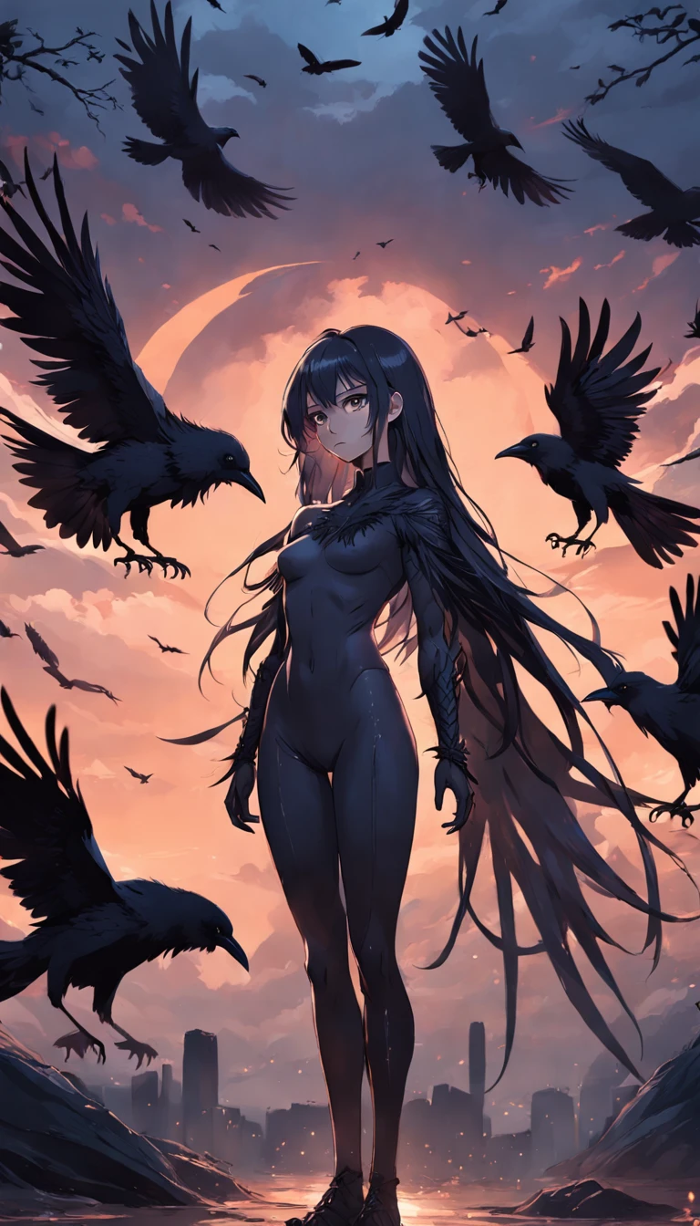 masterpiece, best quality, movie still, 1girl, monstergirl, crow woman, full body, portrait, detailed (eyes), long (hair), perfect body, proportional body, crow|raven wings, deep look, (short top shirt and pants), close-up,  cold soft lighting, sunset, (aura:0.7)