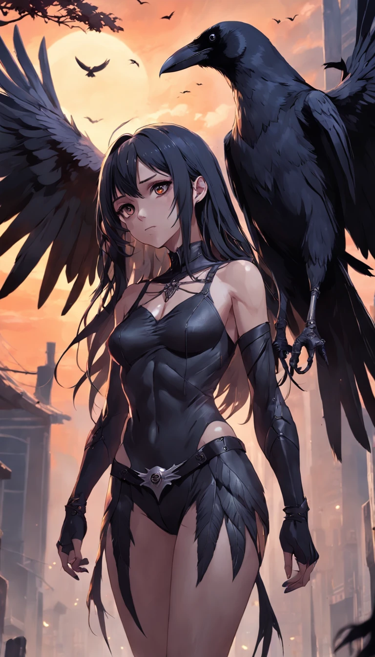 masterpiece, best quality, movie still, 1girl, monstergirl, crow woman, full body, portrait, detailed (eyes), long (hair), perfect body, proportional body, crow|raven wings, deep look, (short top shirt and pants), close-up, cold soft lighting, sunset, (aura:0.7)