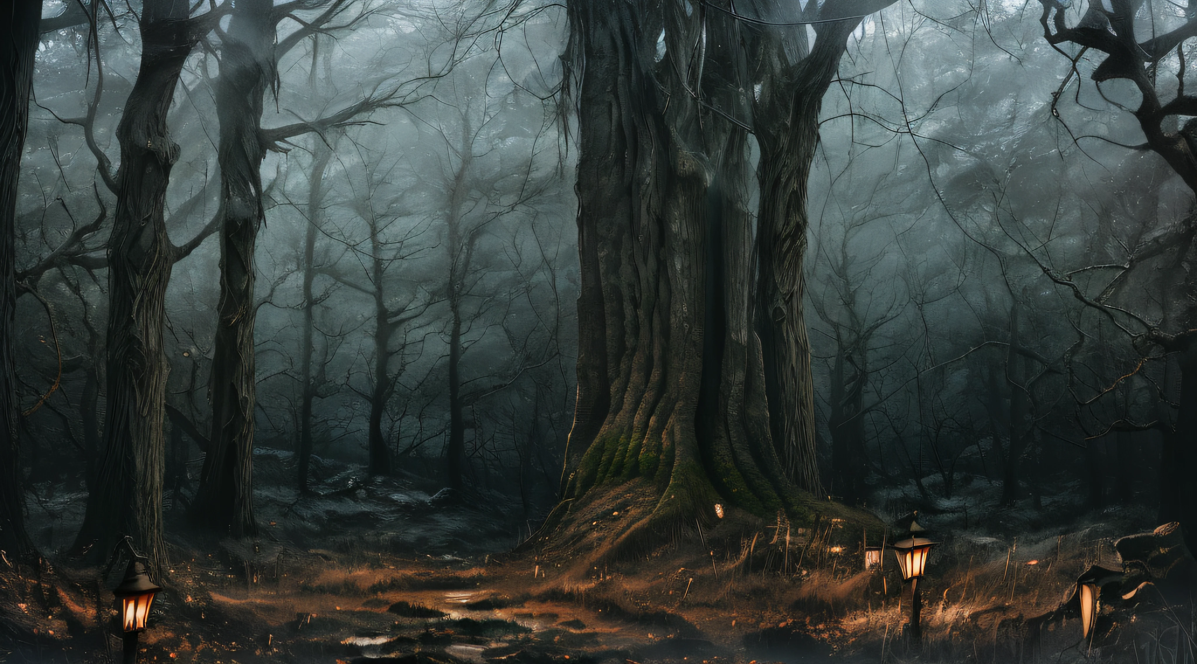 The Forbidden Land of Japan、Dark forest where evil spirits appear、Deep in the dark forest、Forbidden Land、Cursed places、Power Spot、Small Company、wet lands、deep-forest、Pitch Black Forest、the woods、musgo、ivy、Horrible、Horror movie、Light of horror movies、Spooky light source、Fantasy Movies、
