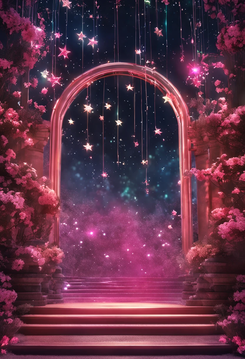 espirito transparente, feliz, floresta escura com estrelas roxas e rosas, 8k