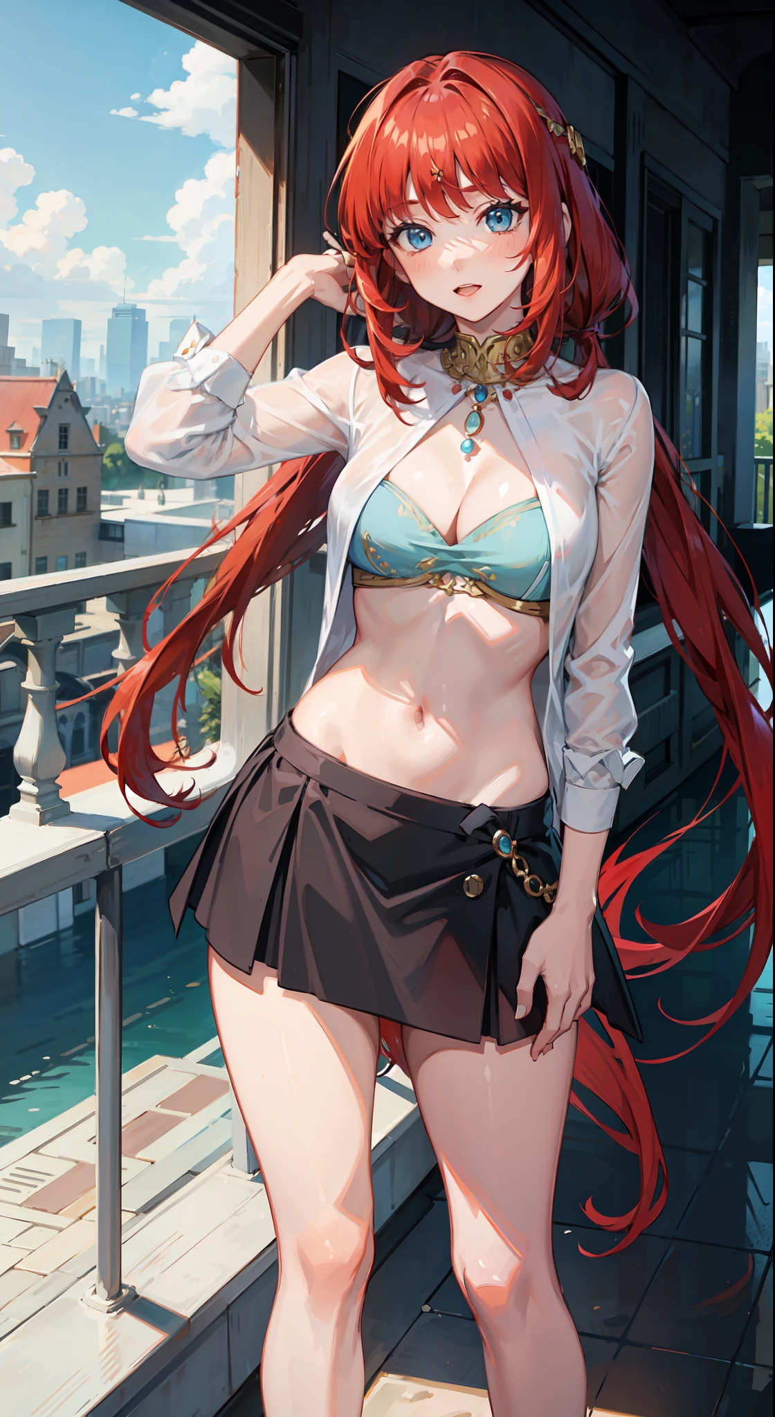 red hair, long hair, blue eyes, gown, short skirt, slim legs, navel, balcony, happy, cleavage, bend over, pond