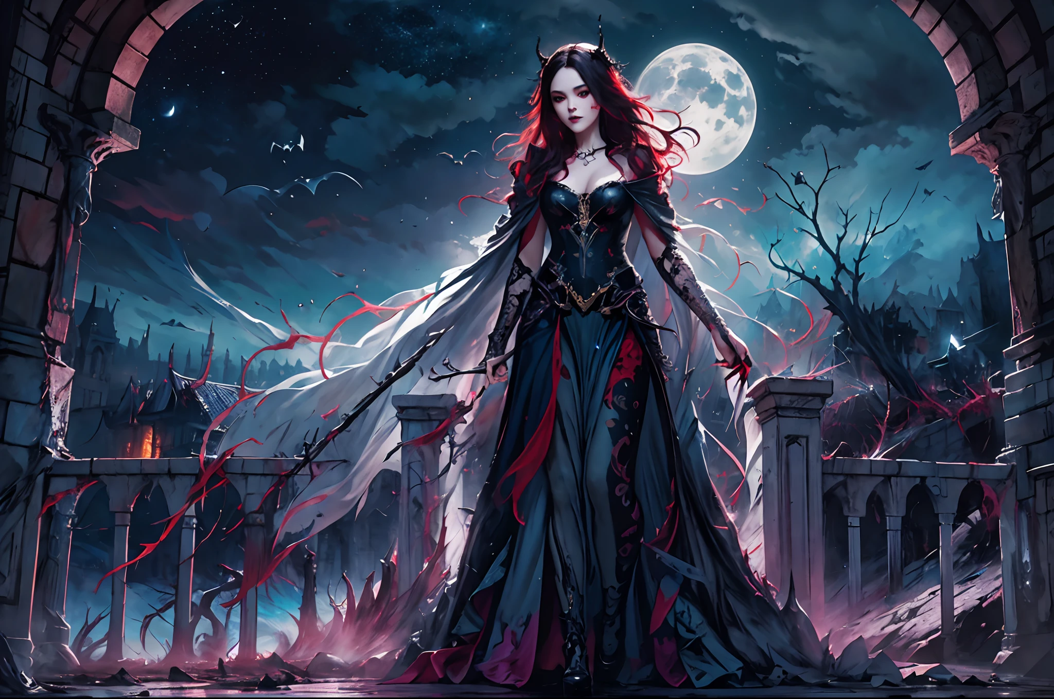 a picture of an exquisite beautiful female vampire standing under the starry night sky on the porch of her castle, dynamic angle (ultra detailed, Masterpiece, best quality), ultra detailed face (best detailed, Masterpiece, best quality: 1.4), ultra feminine, grey skin, red hair, wavy hair, dynamic eyes color, cold eyes, glowing eyes, intense eyes, dark red lips, [fangs], wearing white dress (beat detailed, Masterpiece, best quality: 1.5), wearing blue cloak (best detailed, Masterpiece, best quality), long cloak, flowing cloak (best detailed, Masterpiece, best quality), high heeled boots, sky full of stars background, fantasy_night, moon, bats flying about, high details, best quality, 8k, [ultra detailed], masterpiece, best quality, (ultra detailed), full body, ultra wide shot, photorealism, dark fantasy art, dark fantasy art, gothic art, many stars, dark fantasy art, gothic art, sense of dread,