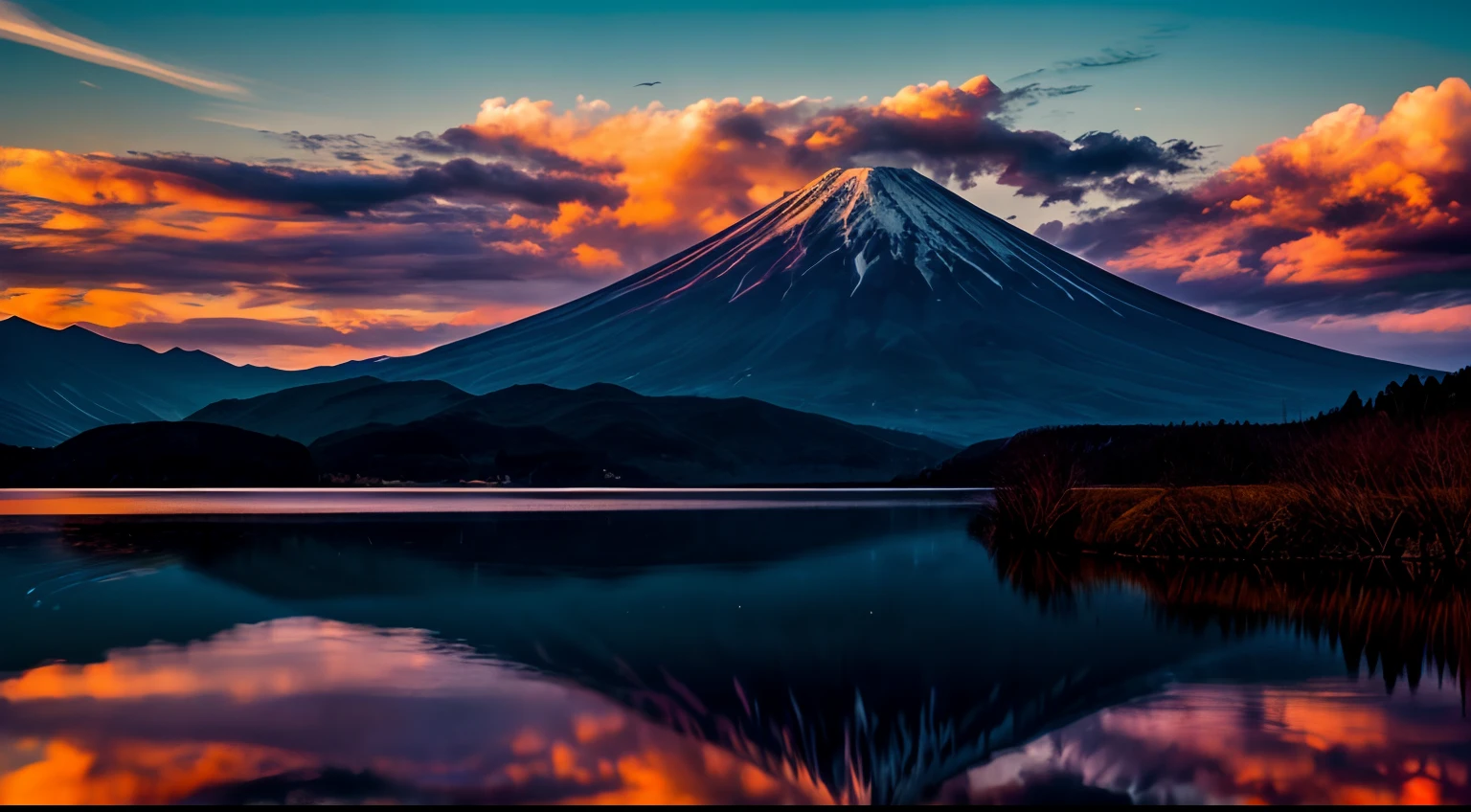 Teru Yamahara. Fuji, Exquisite and beautiful realistic photos, detail, Photorealistic, Ultra Realistic Photo, 8K UHD, Digital SLR, The sun is shining, High quality, filmgrain, Fujifilm XT3, (Masterpiece), Majestic mountains. koyama, reflection on the lake, Red Fuji, Red sky, flowing clouds, Shining, Reflection,
