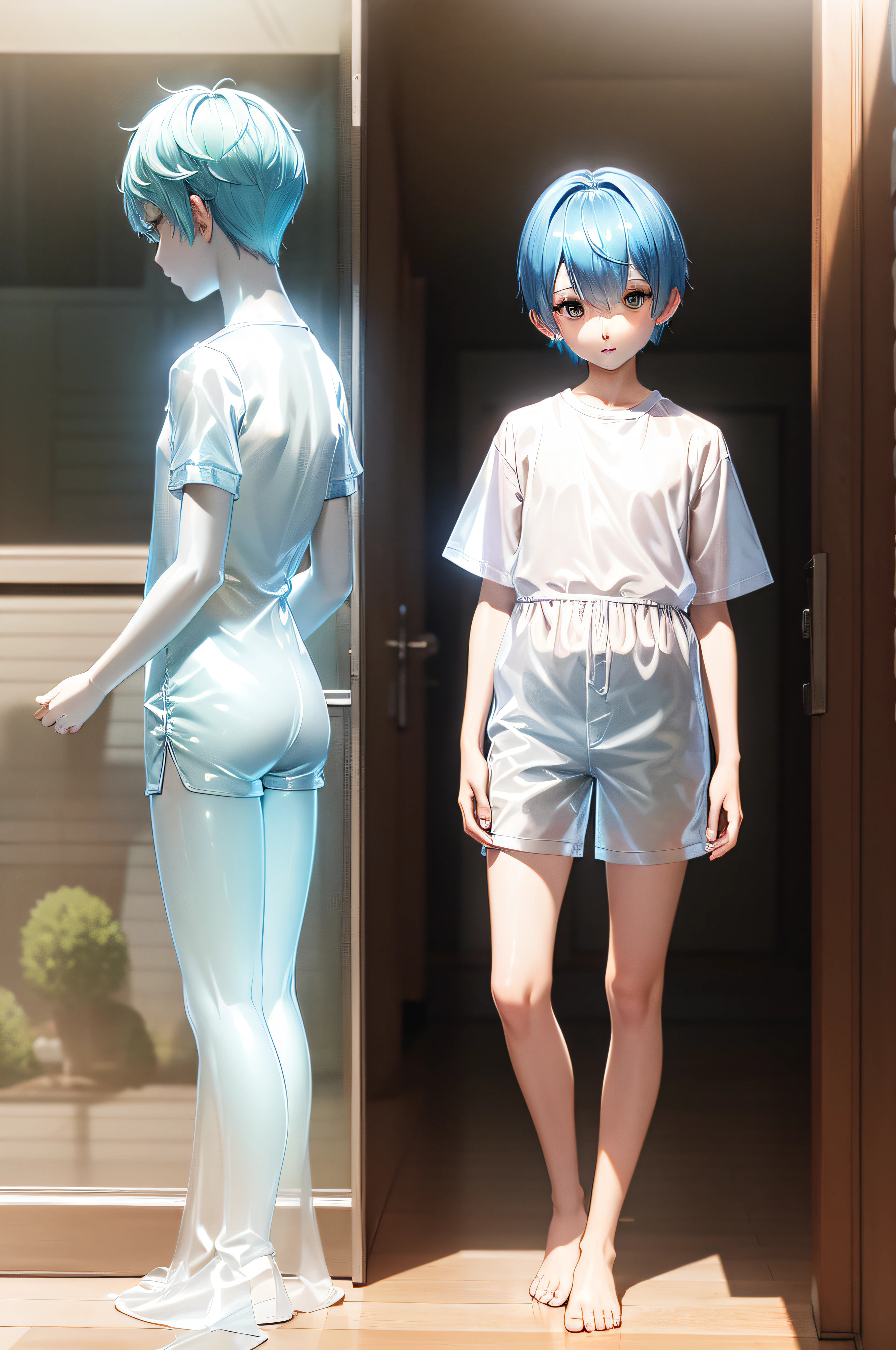 Translucent boy in shorts with short sleeves、Short-haired boy