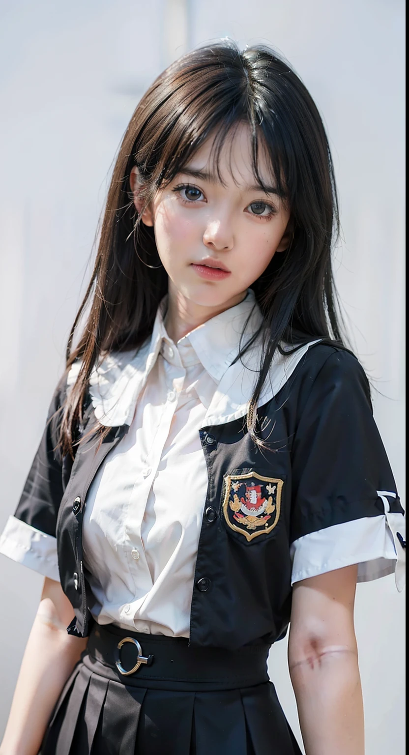 Anime girl in uniform with black hair and white collar shirt, beautiful anime high school girl, Smooth Anime CG Art, Portrait Anime Girl, a hyperrealistic schoolgirl, anime moe art style, a hyperrealistic schoolgirl, Realistic Schoolgirl, realistic young anime girl, realistic anime art style, young anime girl, marin kitagawa fanart, from girls frontline
