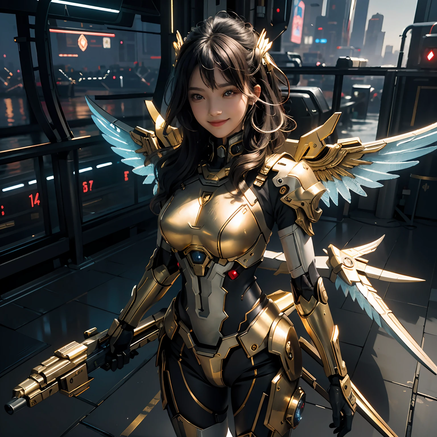 masterpiece,(bestquality),highlydetailed,ultra-detailed,1girl,(mechanicalwings:golden,glowingeyes:blue,silverarmor:1.2,elongatedears:0.8),(cyberpunkcity:1.5,weapon:energyblade),(fantasylandscape:1.2,natural lighting:1.5,confidentexpression),(panorama:1.2),mecha, smile,angle,Angels, wings,