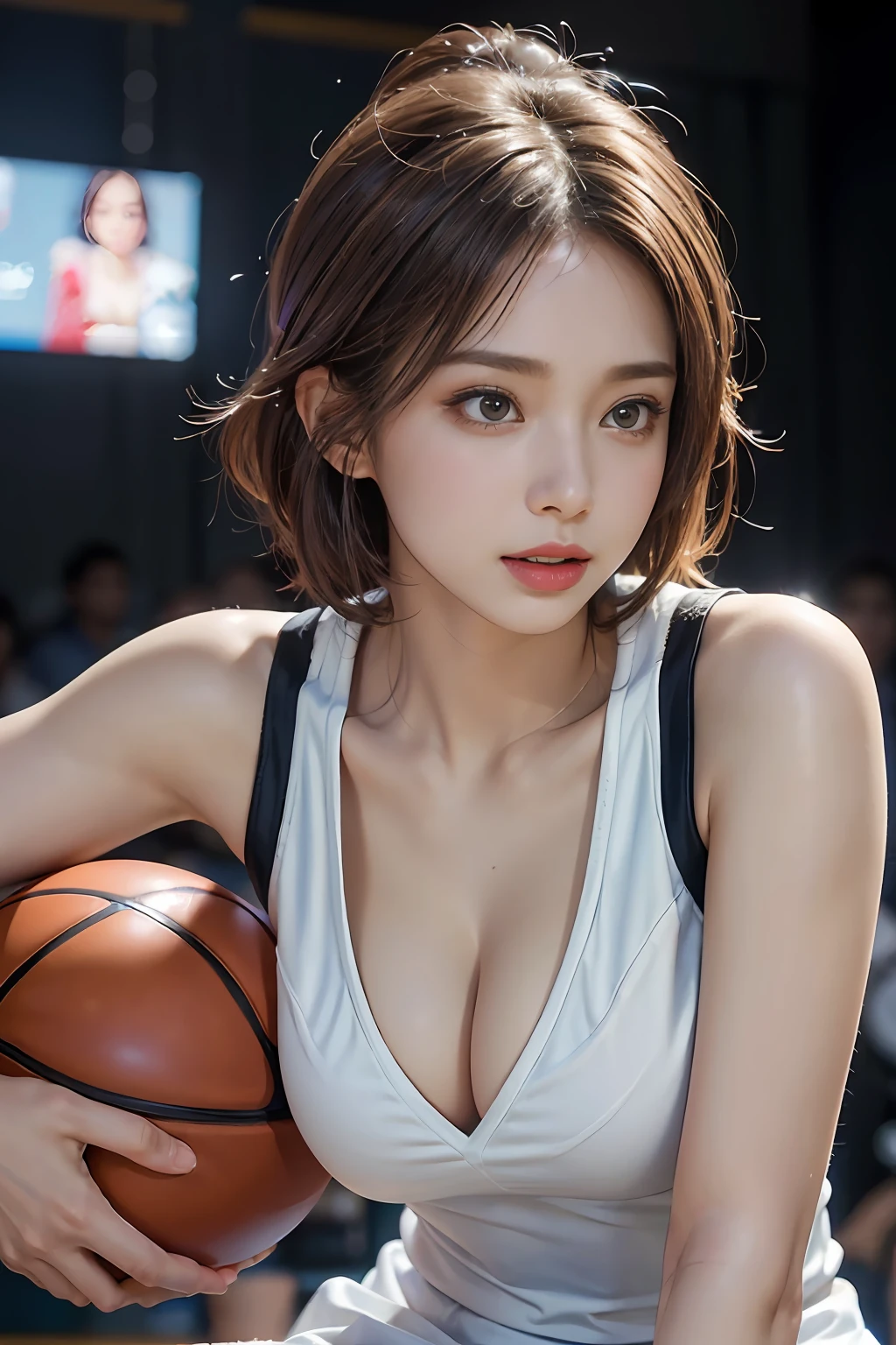 (RAW Photos,4K,tmasterpiece,hight resolution,very intricate)(realisticlying:1.4),Delicate girl illuminating facial features in a movie
1 Girls, single focus, Full body like,Summer noon, Playing the Basketball,Basketball Pose,thermography, 1990's\(styles\),White skin,(Bigchest,cleavage), (Best Quality), (hight resolution), (extremely delicate and beautiful),,(Beautiful 8k face),(Brown eyes),(ulzzang-6500:1.0),(Large breasts),(nffsw),(Basketball sportswear),((Playing Basketball)),((Gymnasium)),((velocity)),(reality),(chiayi:1.5), closeup cleavage, tmasterpiece, best qualtiy, RAW photogr, realisticlying, faces, incredibly absurd res, Buatigarh, adolable, short detailed hair, depth of fields, hight resolution, ultra - detailed, finedetail, Very detailed, extremely detailed eye and face, Sharp pupils, pupil realistic, tack sharp focus, cinmatic lighting