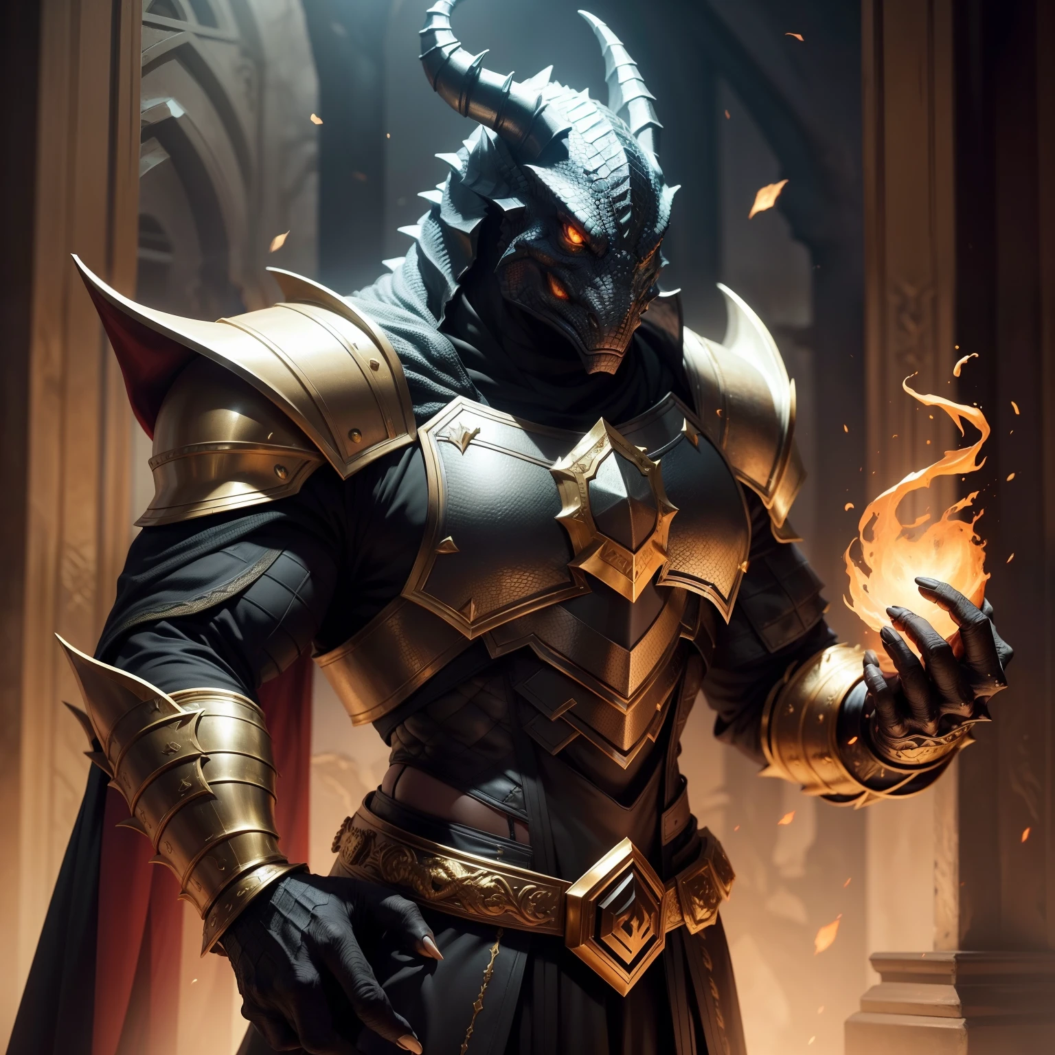 A black scaled dragonborn or lizardman, gold eyes, around 40 years old, sorcerer, holding a crimson spell in one hand, exactly 7 feet tall, wearing a meticulously crafted full chestplate and armor, clawed hands
