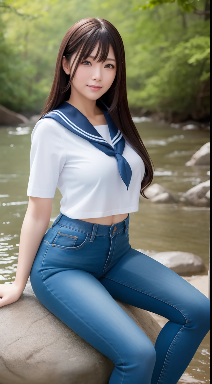 a pregirl，Thirty year old, ssmile, looking at viewert,Soaked sailor's uniform,skintight jeans, photore, realisticlying, Best quality at best, employee, 详细的脸, Sitting on a large rock in the middle of the forest, There is a river