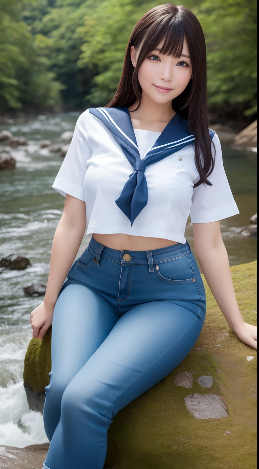 a pregirl,Thirty year old, ssmile, looking at viewert,Soaked sailor's uniform,skintight jeans, photore, realisticlying, Best quality at best, employee, 详细的脸, Sitting on a large rock in the middle of the forest, There is a river