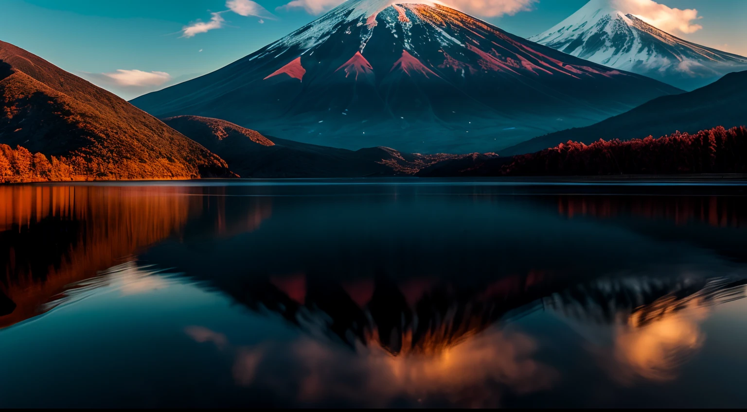 Teru Yamahara. Fuji, Exquisite and beautiful realistic photos, detail, Photorealistic, Ultra Realistic Photo, 8K UHD, Digital SLR, The sun is shining, High quality, filmgrain, Fujifilm XT3, (Masterpiece), Majestic mountains. koyama, reflection on the lake, Red Fuji, Red sky, flowing clouds, Shining, Reflection,