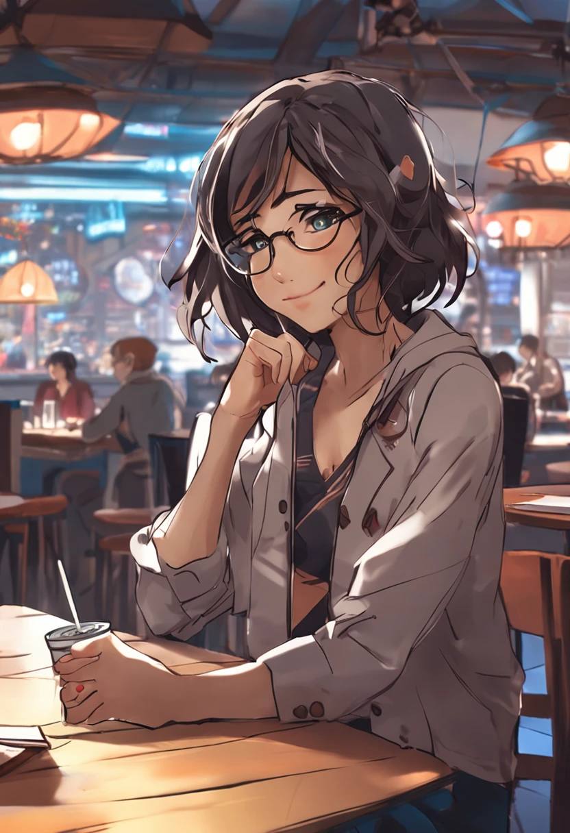 Anime girl sitting at table with drink and notepad, mysterious coffee shop girl, makoto shinkai art style, anime moe art style, Shinkai Makoto style, marin kitagawa fanart, (Anime Girl), ( woman samurai ) girl, with glasses, Kantai Collection Style, cute slightly nerdy smile, painted in anime painter studio, sitting in a cafe