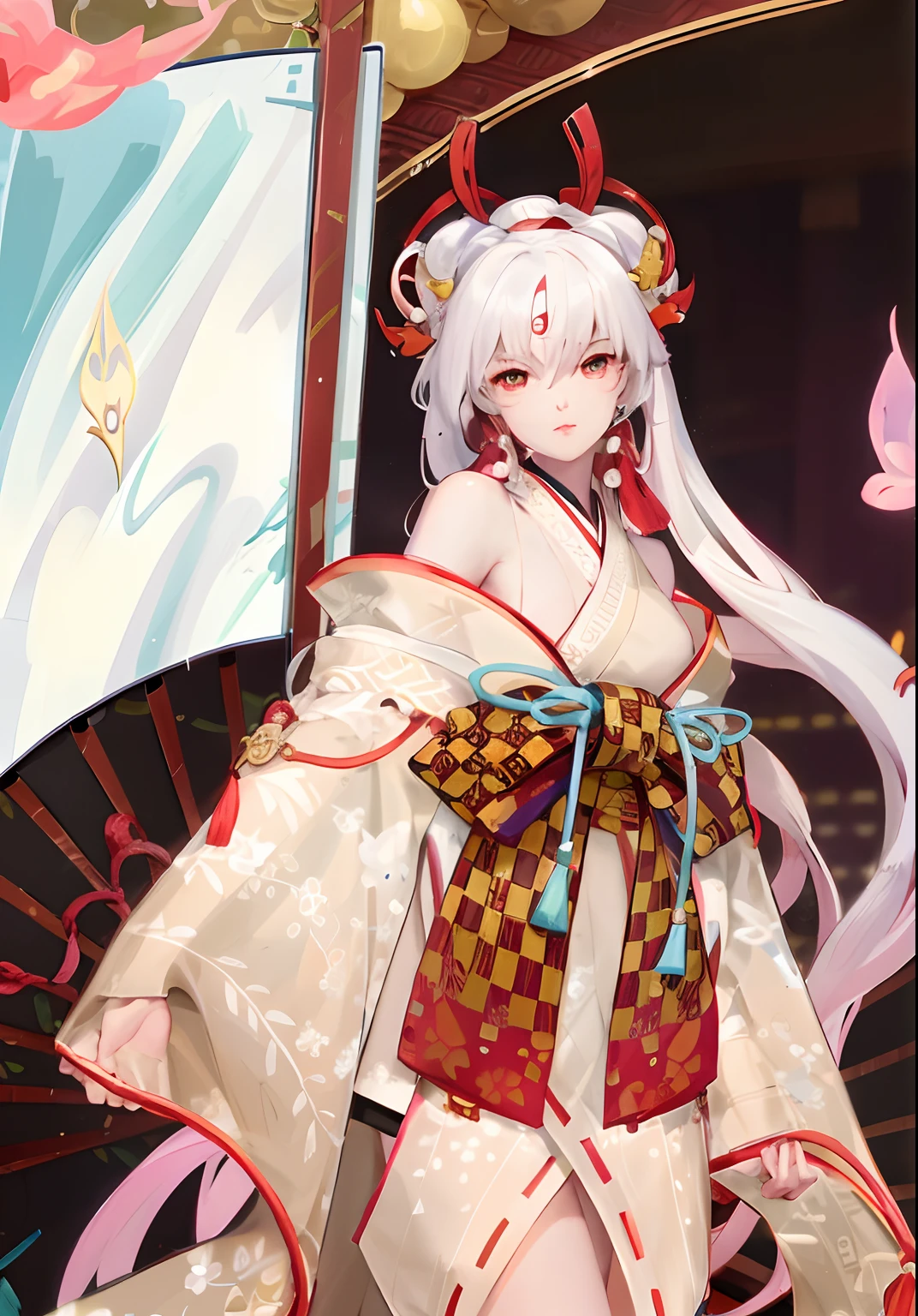 Anime girl wearing kimono costume，Umbrella and fan in the background, onmyoji, Onmyoji detailed art, onmyoji portrait, white-haired god, Keqing from Genshin Impact, Guviz-style artwork, Guviz, Best anime 4k konachan wallpaper, Digital art on Pixiv, Palace ， A girl in Hanfu