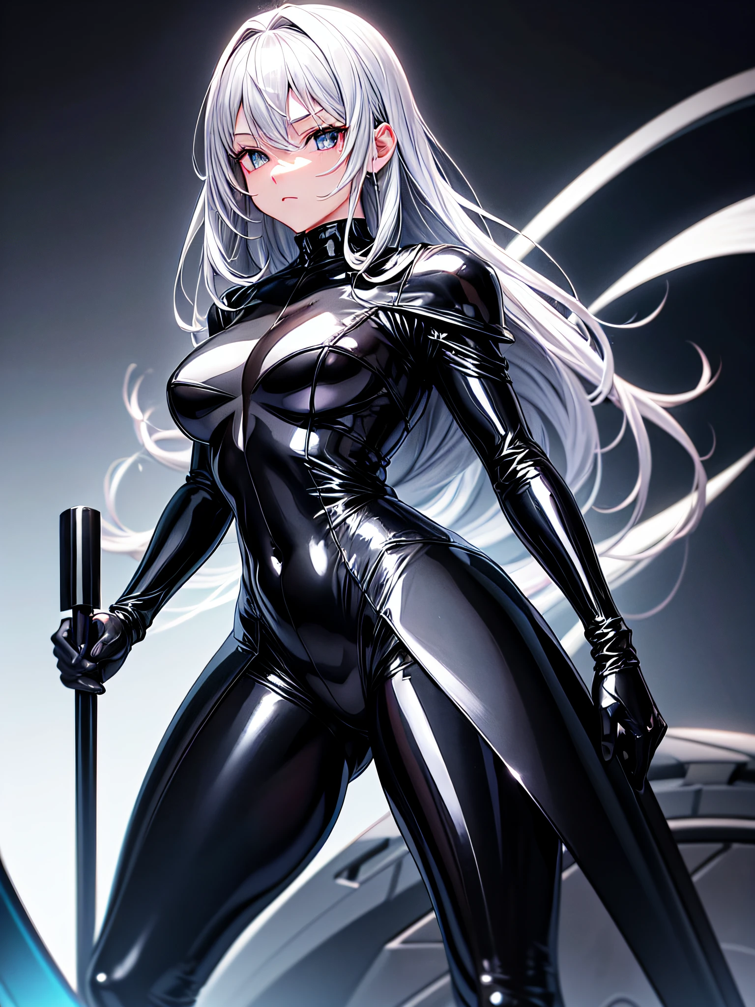 5 8K UHD、Silver-haired and small-nosed beauty in a black shiny black full-body rider suit wearing a black full-face helmet that covers the entire head is standing with her legs open facing the front、Wearing a shiny black latex slider suit with hidden skin、Shiny black latex slider suit、The upper part of the body