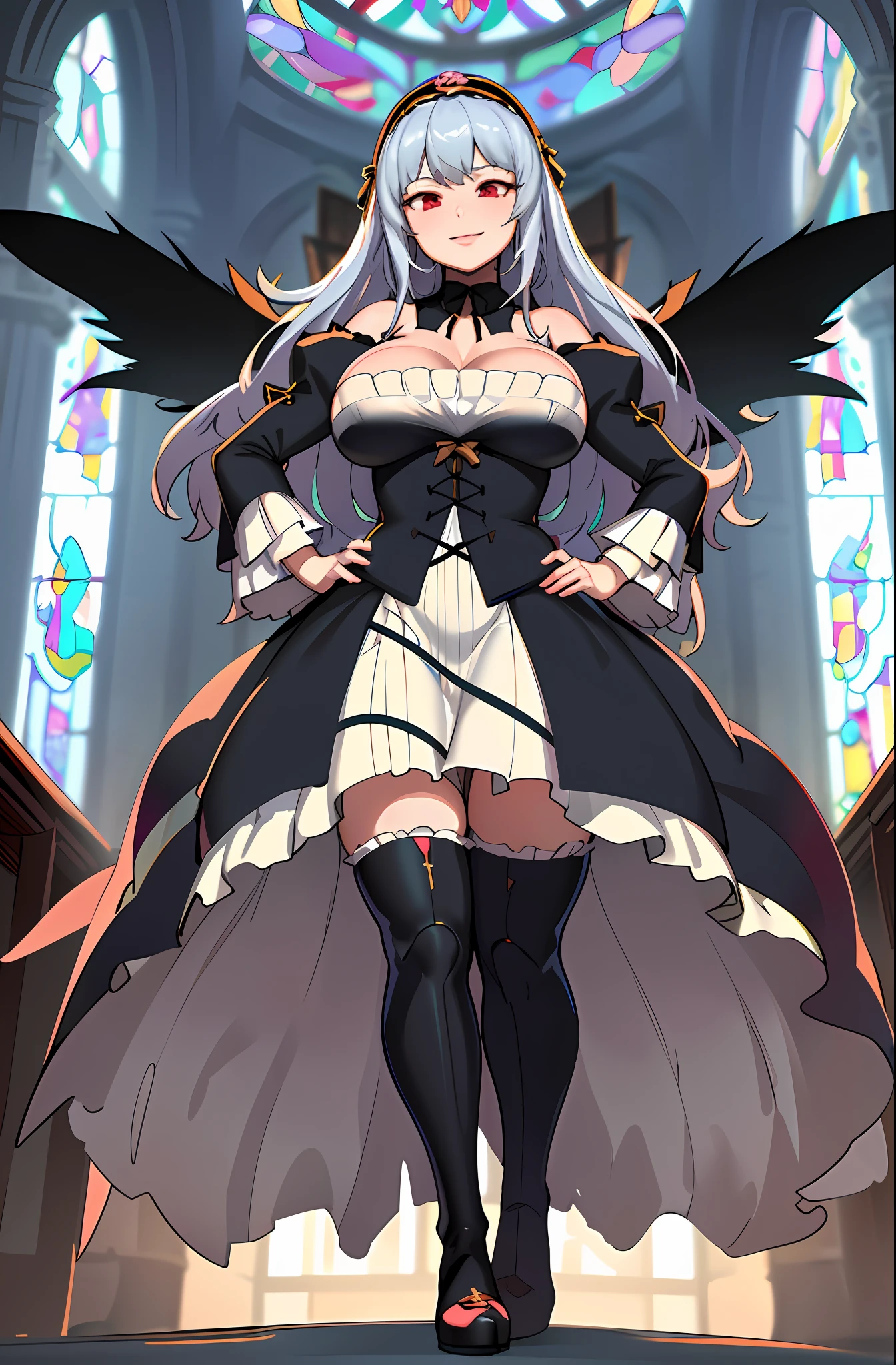 (masterpiece, best quality, detailed, highres), 1girl, solo, indoors, church, stained glass, window, sunlight, hand on hip, evil smile, from below, looking at viewer, suigintou, XXXXXX fashion, XXXXXX hairband, black dress, frills, black wings, knee boots, detached collar, cross, juliet sleeves, cross-laced dress, doll joints <lora:SuigintouV4_1-000014-, full body ,boots,hugebreast, boots