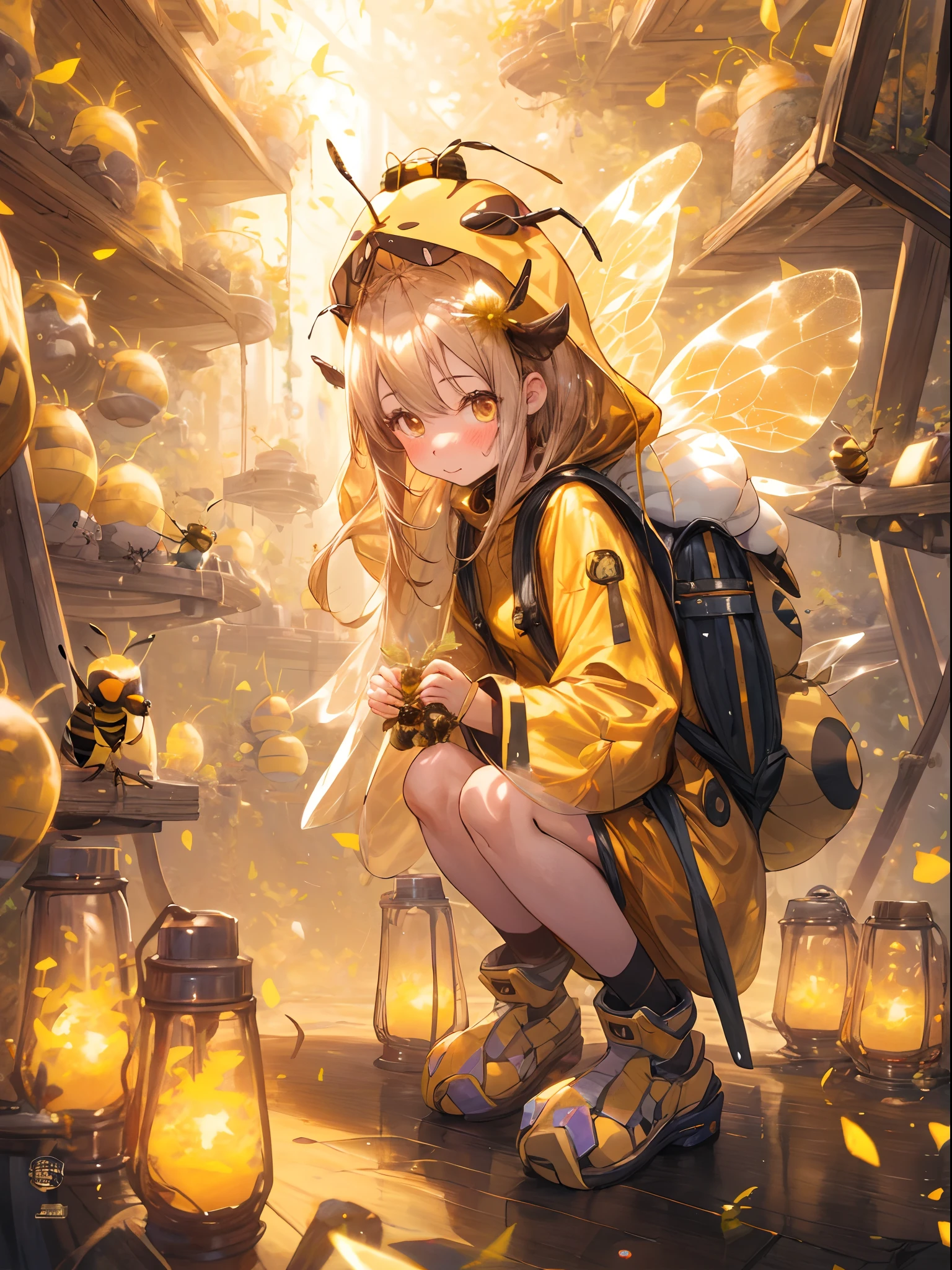 anime girl with a bee costume and a backpack kneeling down, fantasy beekeeper, trending on artstation pixiv, ( cute small bee floating around her), human structure bee concept art, official art, high detailed official artwork, pixiv contest winner, among wonderful golden fireflies, glowing amber