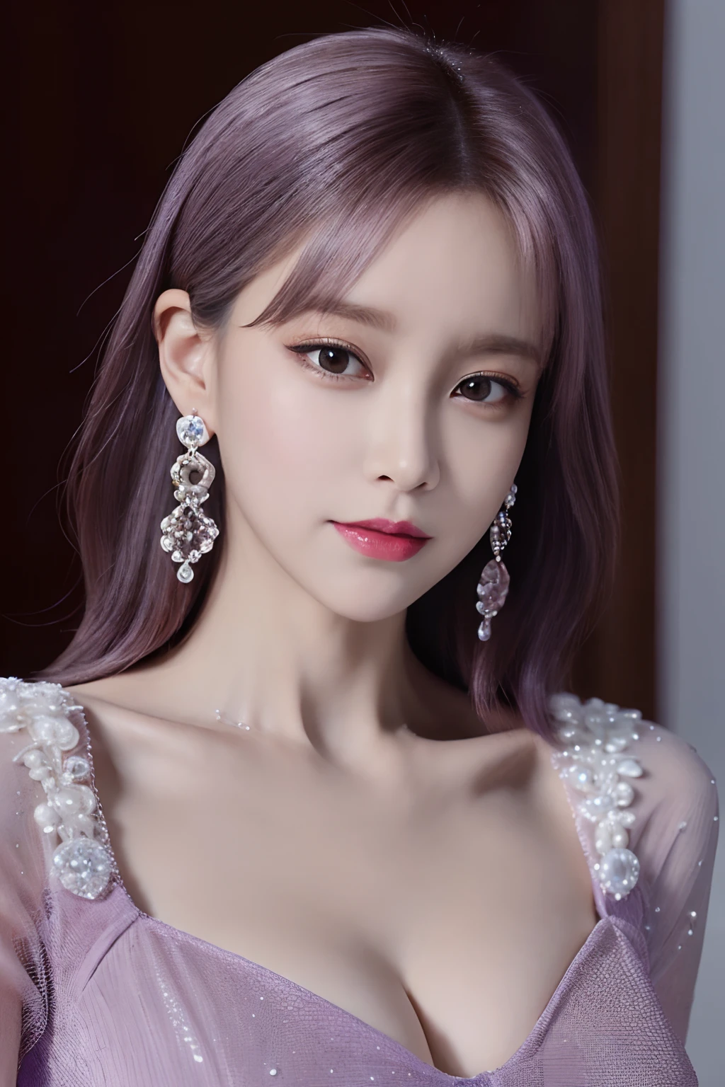 masutepiece, Best Quality, extremely detailed 8K, Ultra HD, Ultra-detailed, Highly detailed, ultra high realistic, Ultra-realistic, hyper realisitic, Hyper-Realism, Graceful woman with bust in purple dress, Pearl Hanging Earrings, in 8K, Best Quality