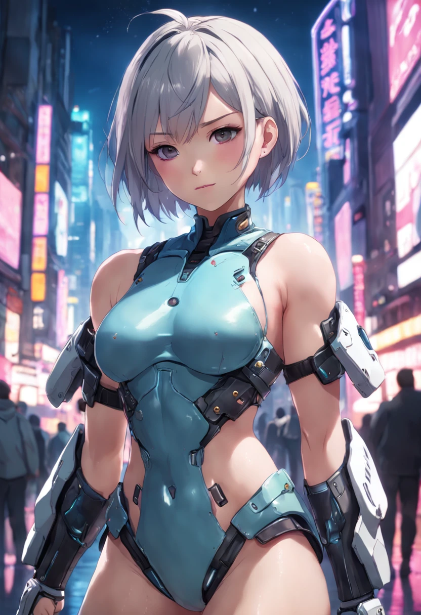 (8K, Photorealistic, Raw photo, of the highest quality: 1.4), (1girll), Super beautiful, (Realistic face), (boyish, Silverberry is short-haired), Beautiful Cyberpunk Set, Glare seduces the audience, Beautiful expression, Beautiful breasts, (Realistic skin), Beautiful smile, (soldier), Attractive, 超A high resolution, Ultra photo realsisim, High Definition, Spoiled、full bodyesbian