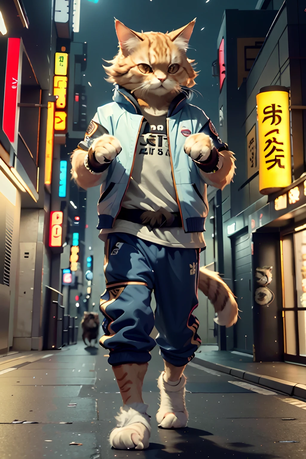 C4ttitude, Attentive eyes ,fur, challenger, agile, engaging, Stylish sportswear, nylon, Fast paws, walking at street, random karate pose, (Tokyo Night Street Background 2021),masterpiece, best quality, ultra-detailed,8k wallpaper,Hyper-Resolution, Unreal 5