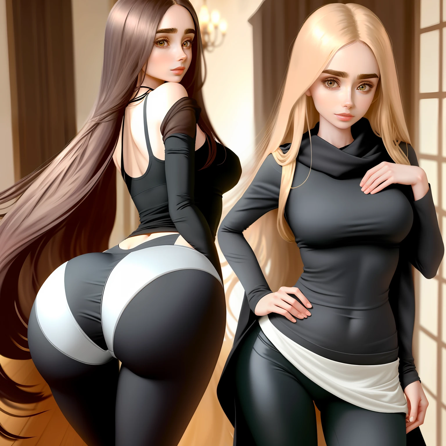 Yoga pants straight chest Perfect hips Lily Collins Shawl long hair Golden ratio Distinct girly atmosphere Glamorous brilliance。Bend over shyly