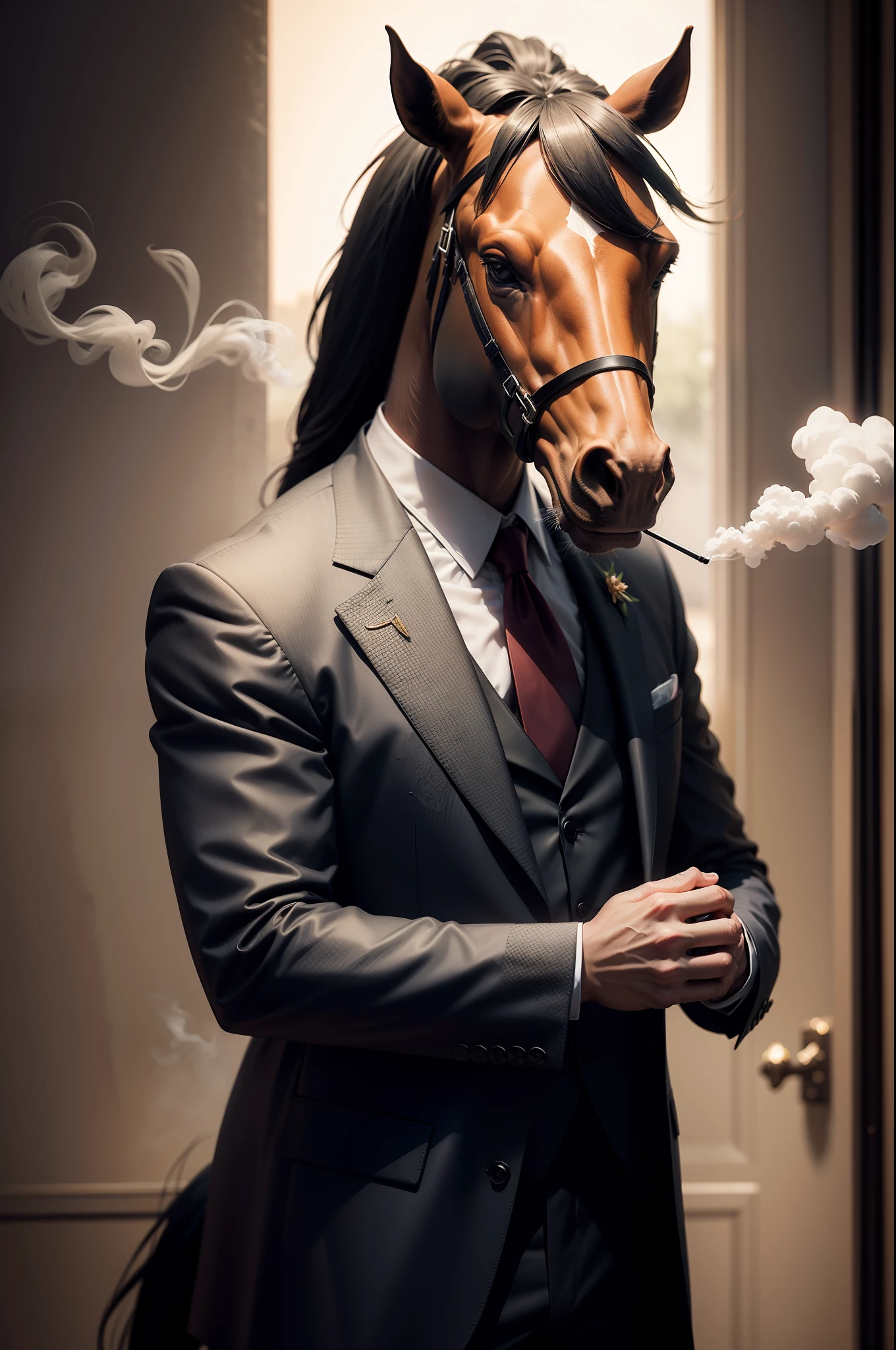 anthropomorphic horse, dressed in a suit, Smoking, lightroom, Cinematic, hdr, primitive, Intricate, High quality, soothing tones, Intricate details, Low contrast