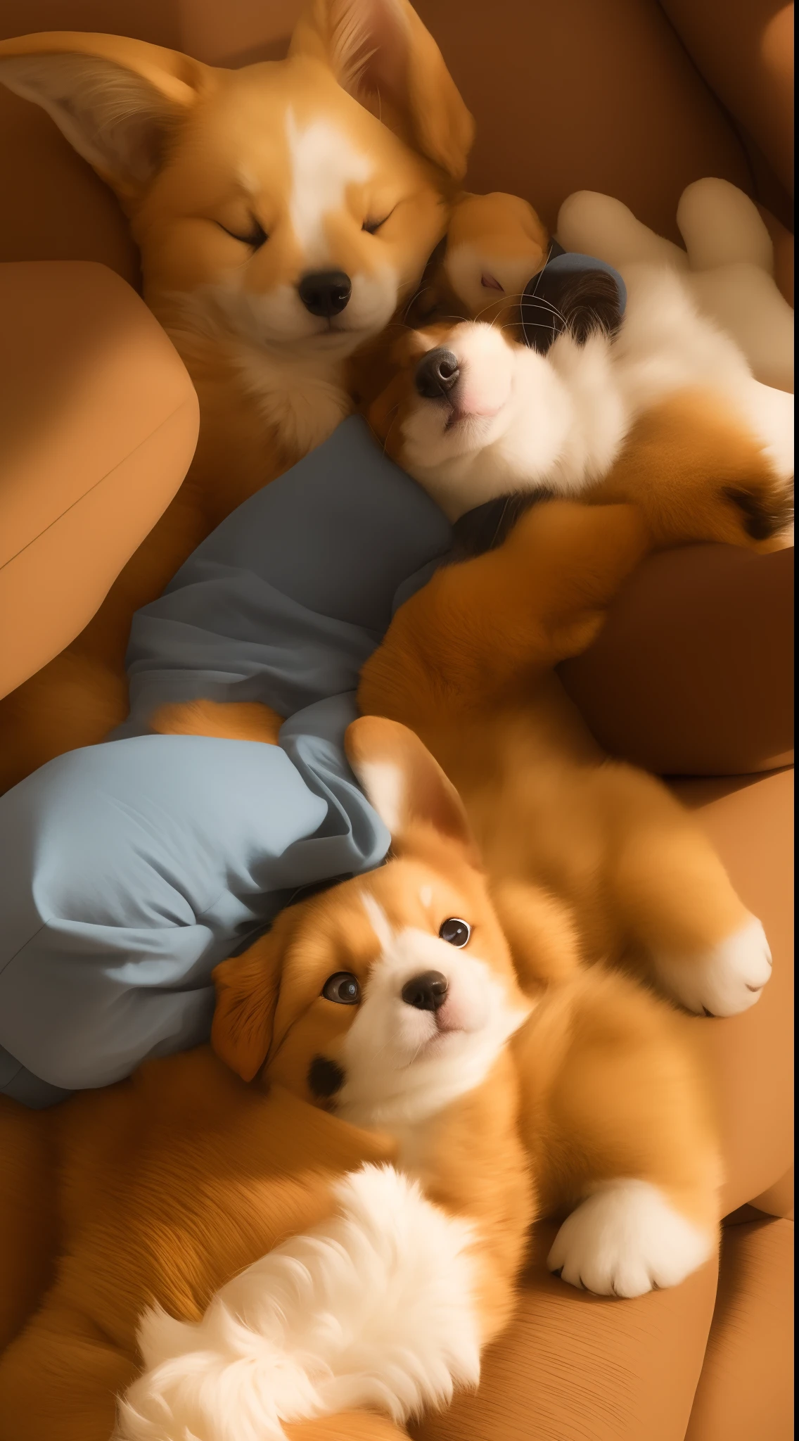 Cute puppy,Fashionable background,The puppy is in the middle of the picture,Lying on the couch,Fundo sala de estar,Illustration style,k hd,Extreme,Golden,Corgi,teddy,Side herding