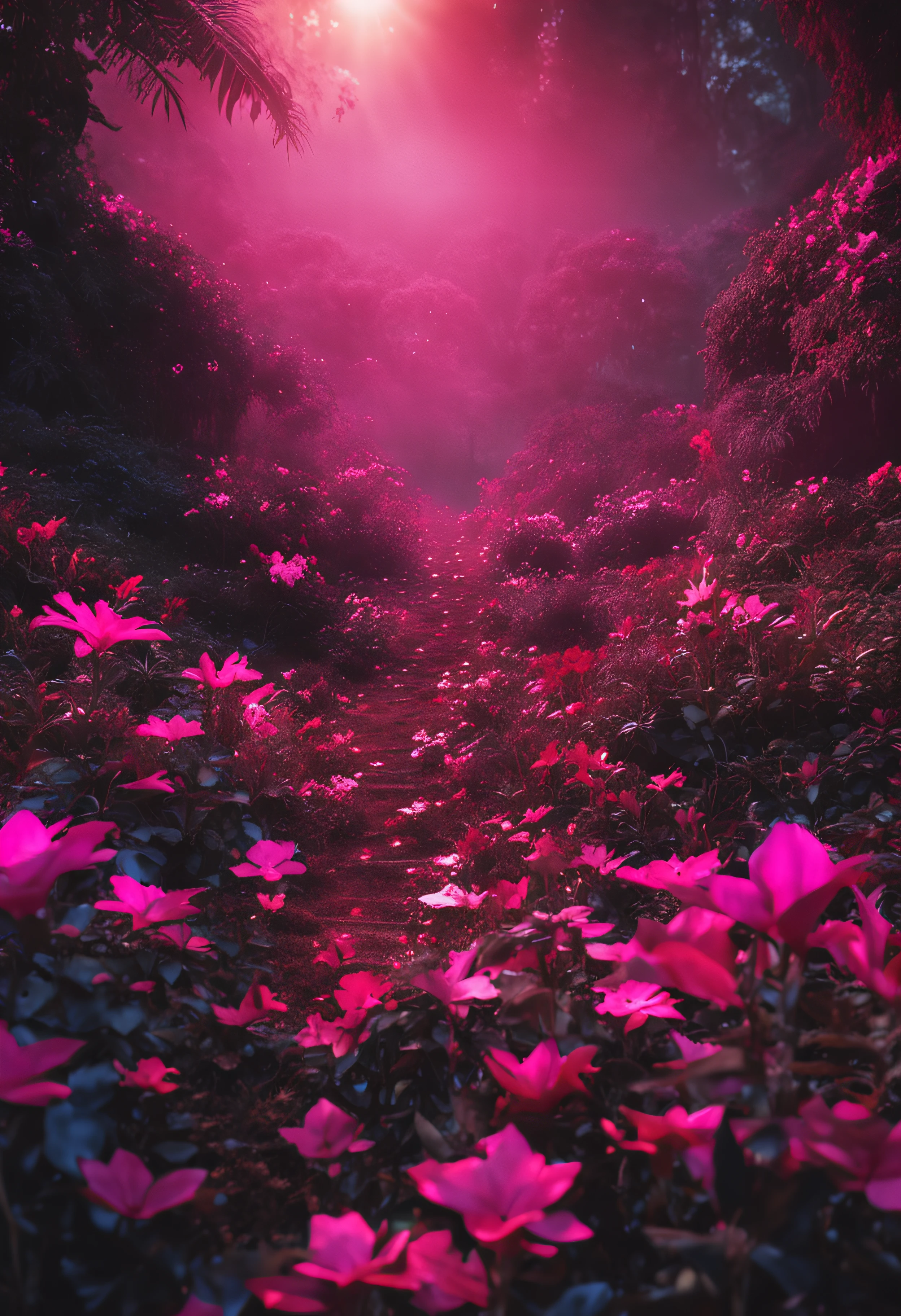 espirito transparente, feliz, floresta escura com estrelas roxas e rosas, 8k