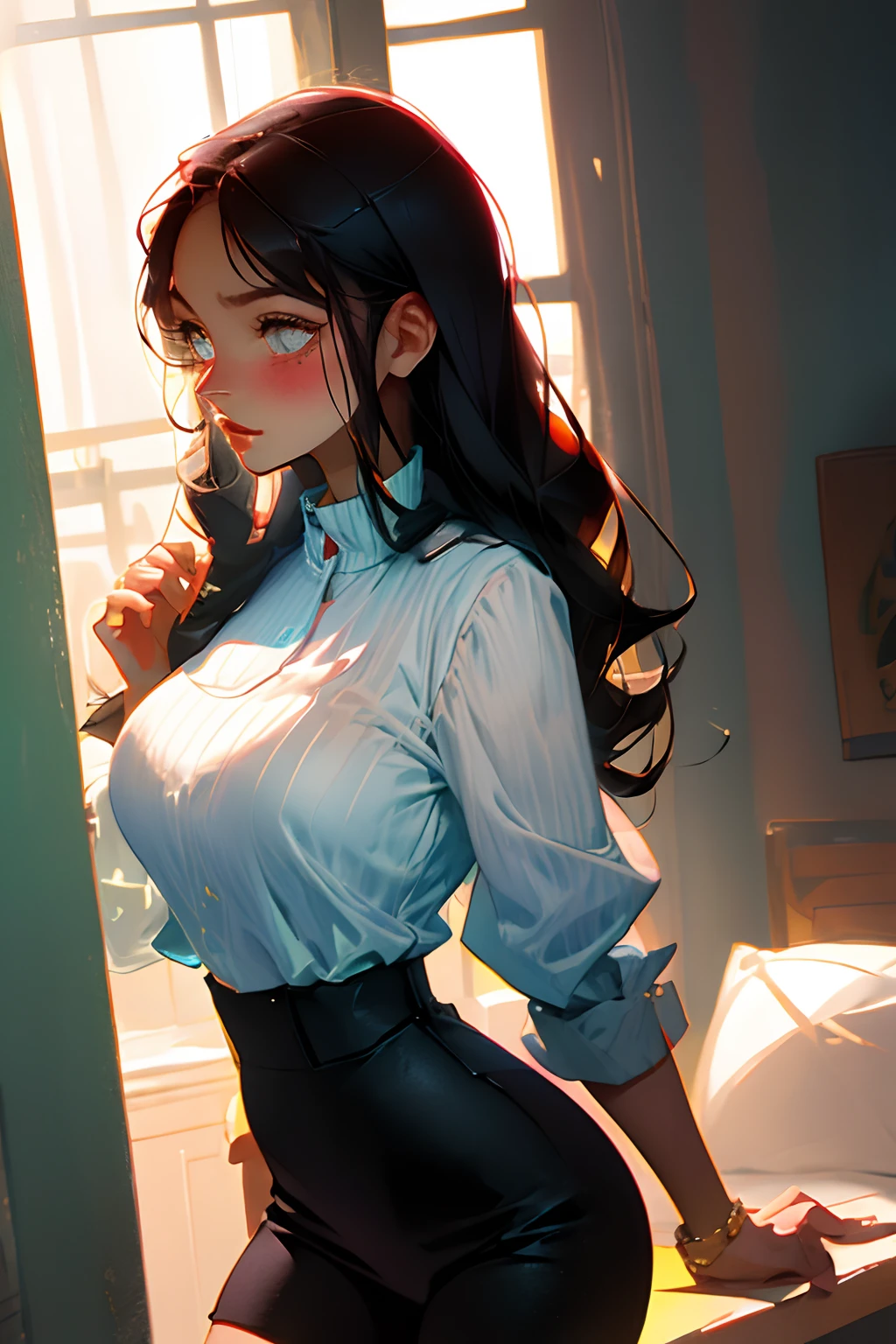 Shy, big breasts, blushing, no bra, no panties