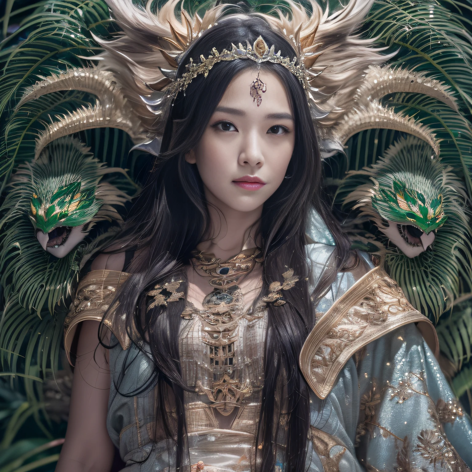 32k(tmasterpiece,k hd,hyper HD,32k)Long flowing black hair,Jewelry quarter in the back room,Brunette king girl ,Silver Dragon Protector (realisticlying:1.4),Python pattern robe,Purple-pink tiara,Snowflakes fluttering,The background is pure,Hold your head high,Be proud,The nostrils look at people, A high resolution, the detail, RAW photogr, Sharp Re, Nikon D850 Film Stock Photo by Jefferies Lee 4 Kodak Portra 400 Camera F1.6 shots, Rich colors, ultra-realistic vivid textures, Dramatic lighting, Unreal Engine Art Station Trend, cinestir 800,Hold your head high,Be proud,The nostrils look at people
