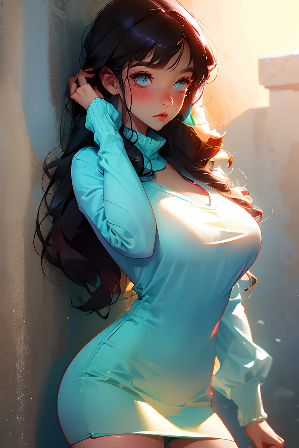 Shy, big breasts, blushing, no bra, no panties