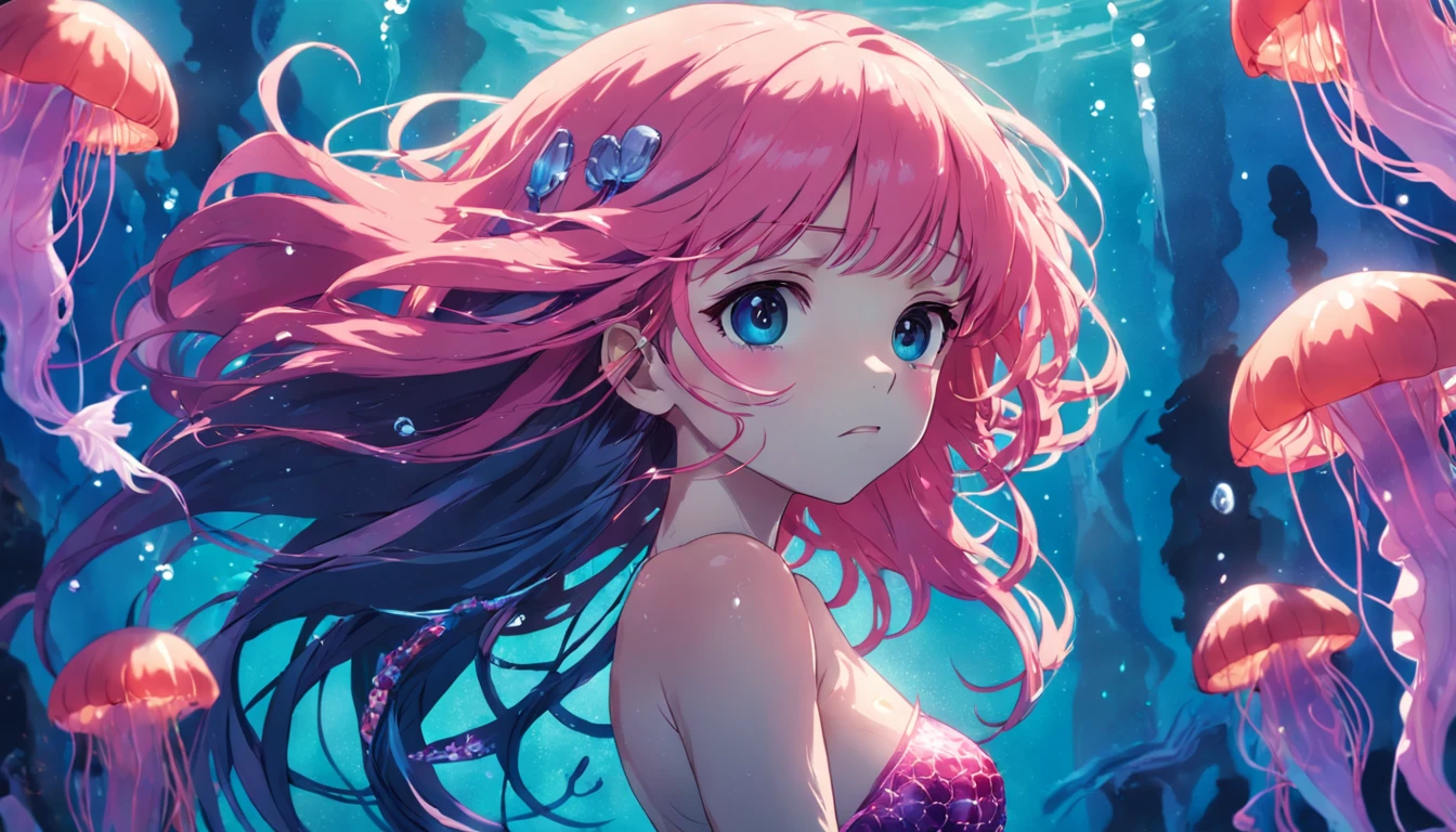 a mermaid under the water with bright jellyfish around, colorido, Uplighting, saturation, sereia de cabelo rosa