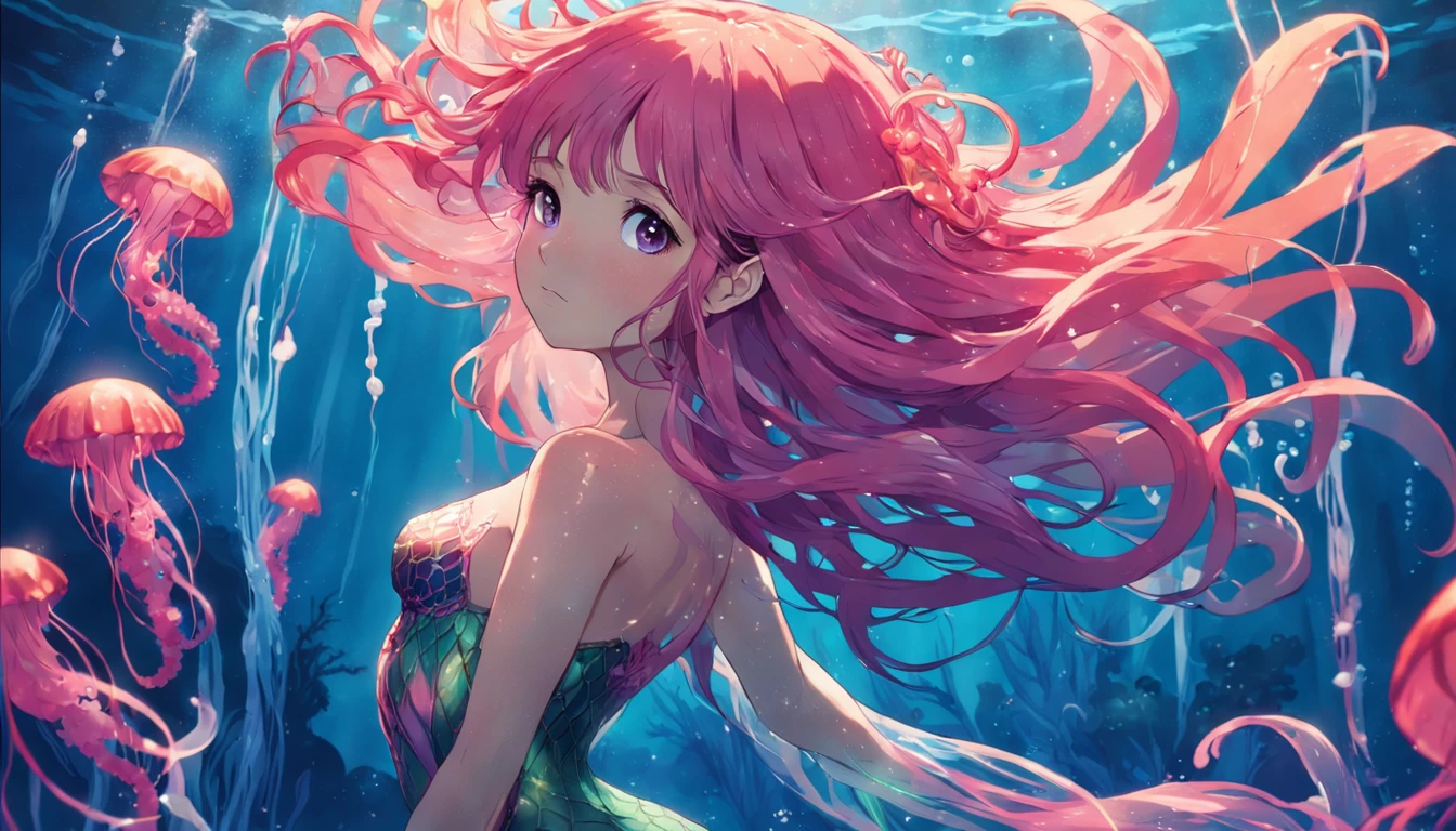 a mermaid under the water with bright jellyfish around, colorido, Uplighting, saturation, sereia de cabelo rosa