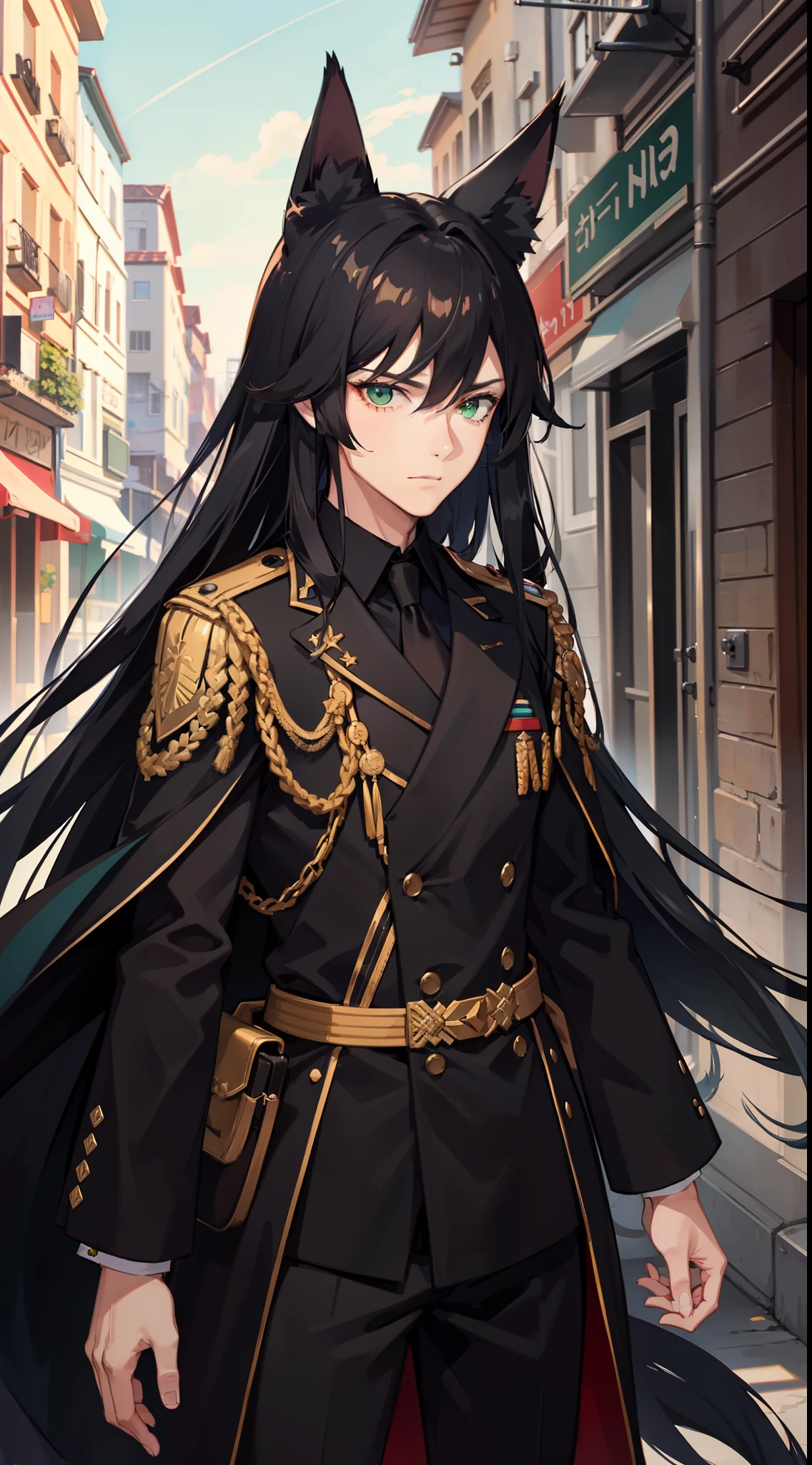 adult man, Long black hair, Fox ears, Green eyes, Black general's uniform, Masterpiece, hiquality