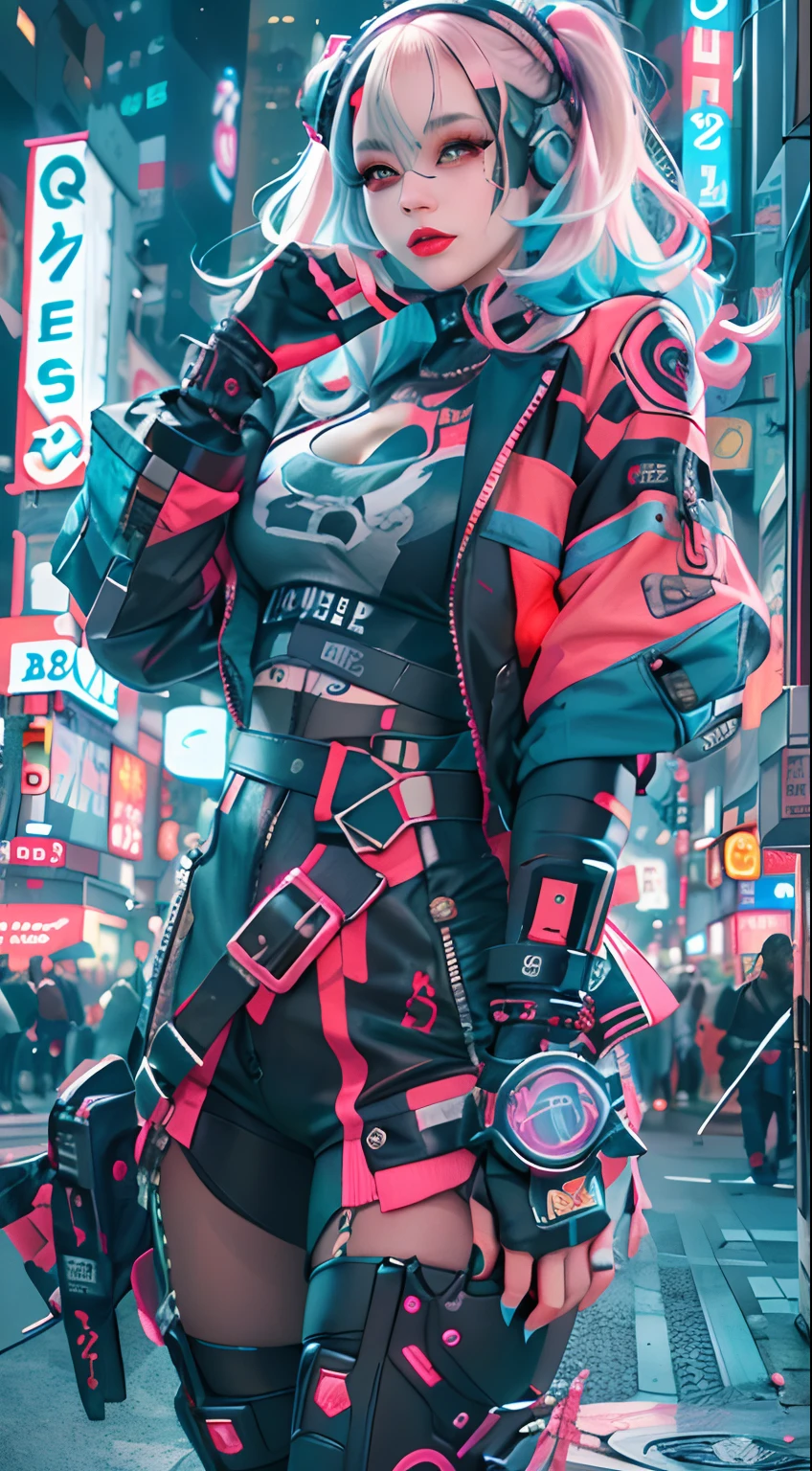 Masterpiece, Best Quality, 2 Confident Cyberpunk Girls, Harajuku-style cyberpunk gear, Bold colors and patterns, Eye-catching accessories, Fashionable and innovative hairstyle, Bright make-up, Dazzling cyberpunk cityscape, Skyscrapers, neon signage, LED lights, Bright and rich colors, the anime, illustartion, detailed skin texture, detailed cloth texture, Beautiful Detail Face, intricate details, Ultra Detailed.