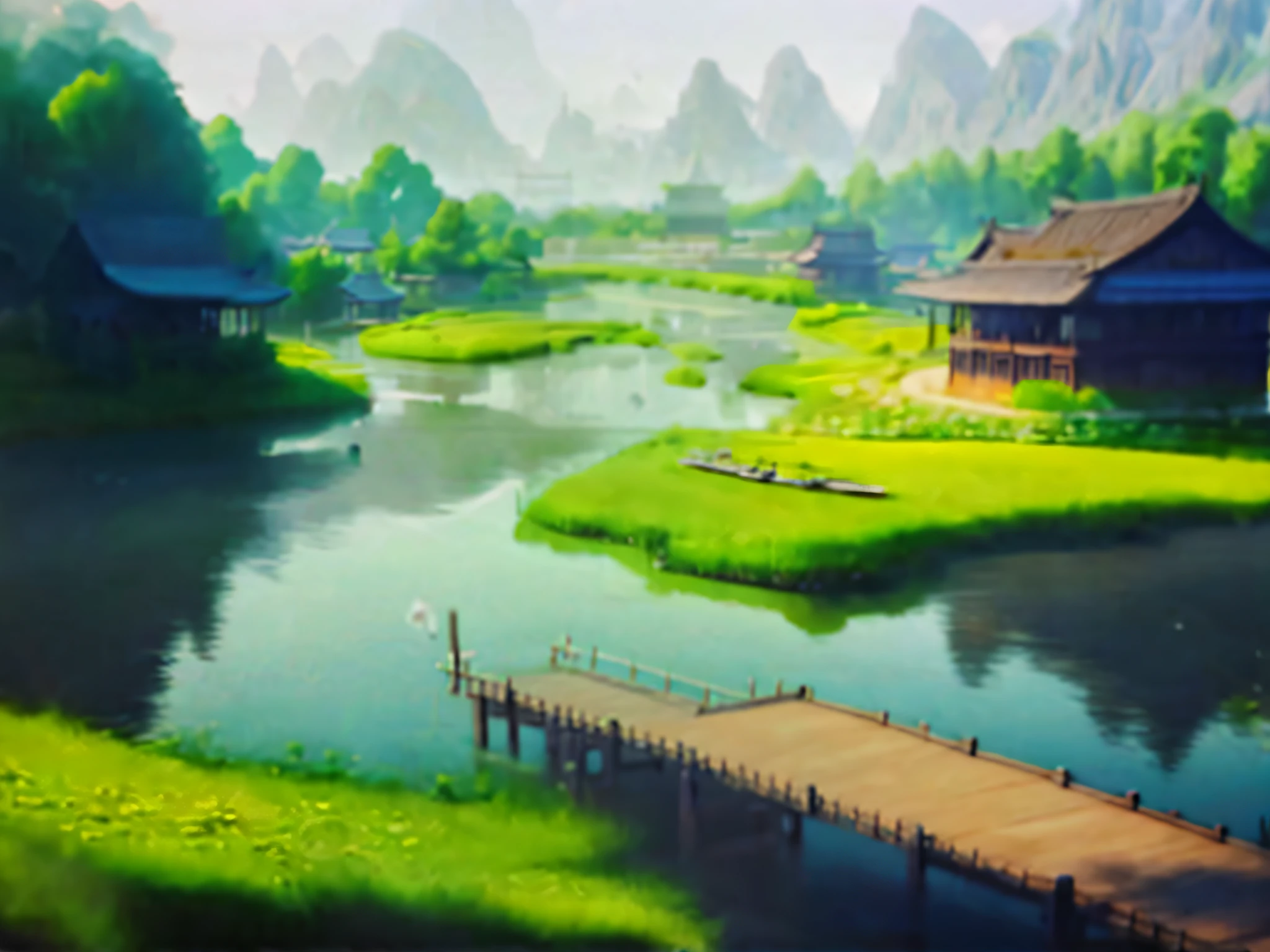 There is a painting，The painting is a bridge and a boat on the river, Chinese landscape, anime countryside landscape, peaceful landscape, Beautiful oil matte painting, Beautiful rendering of the Tang Dynasty, anime beautiful peace scene, inspired by Lu Zhi, matte painting scenery, landscape artwork, Inspired by Yang Buzhi, in a serene landscape, peaceful scenery, soft focus matte painting