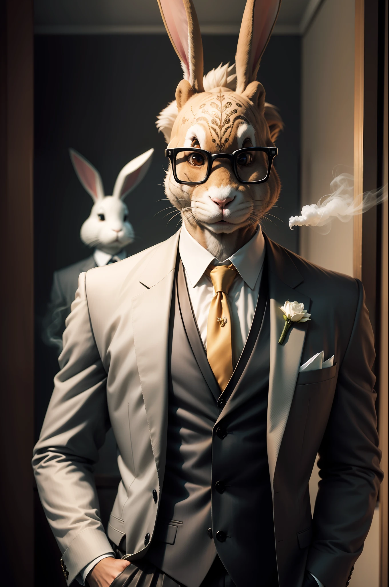 Anthropomorphic rabbits, dressed in a suit, Smoking, lightroom, Cinematic, hdr, primitive, Intricate, High quality, soothing tones, Intricate details, Low contrast