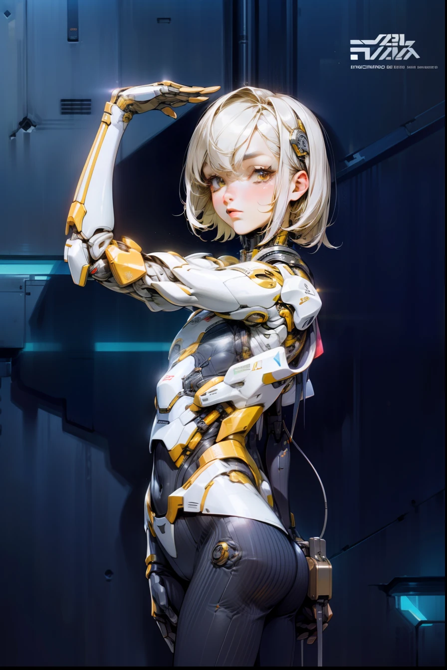 High Quality, Ultra High Resolution, Ultra Realistic, Super Detailed, Robot, Humanoid, Slim, beautiful, 1girl, yellow hair, short hair, Full Face, Full Body, female, Metallic, Metallic, Luxury, Metallic, One