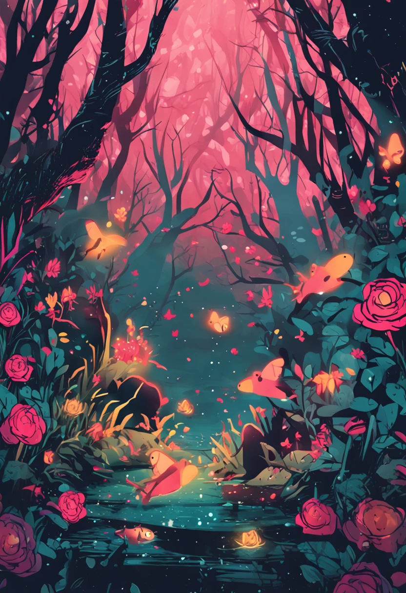 monstro brincando com um espirito transparente, feliz, floresta escura com estrelas roxas e rosas, 8k