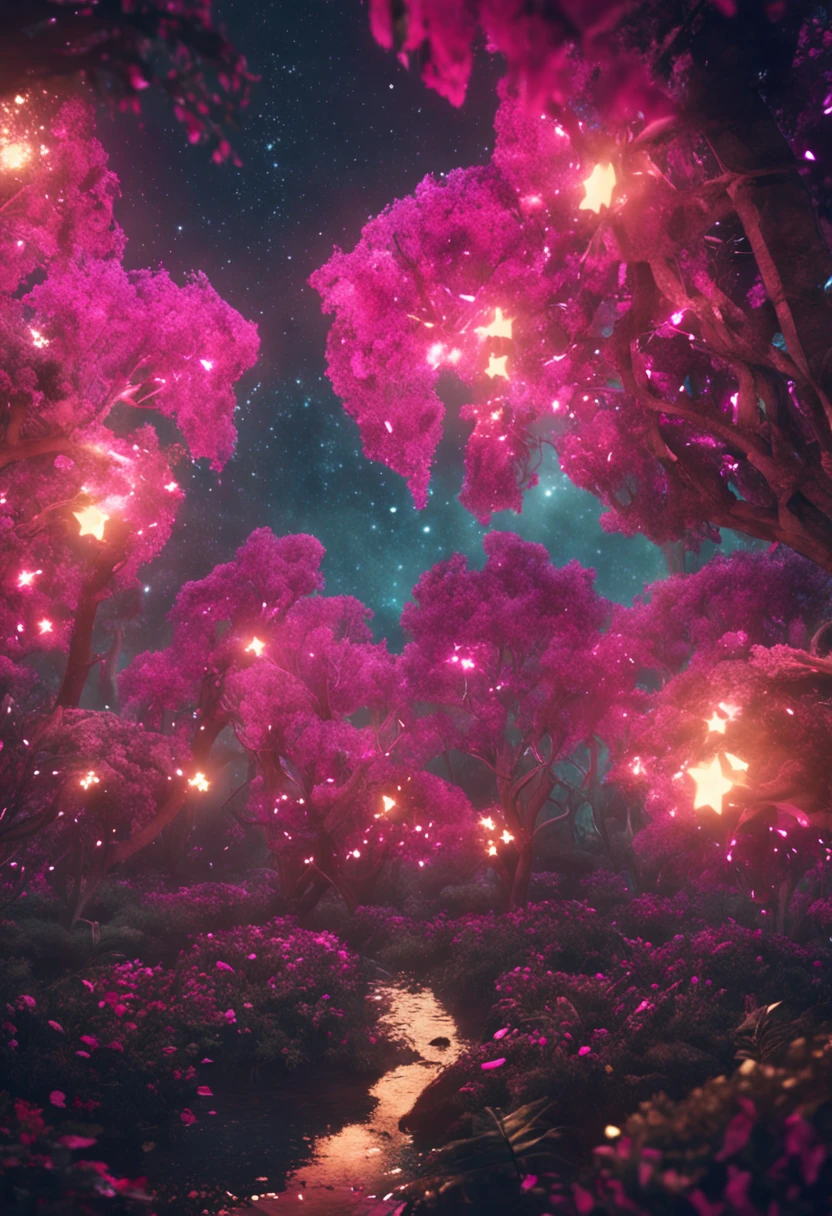 monstro brincando com um espirito transparente, feliz, floresta escura com estrelas roxas e rosas, 8k