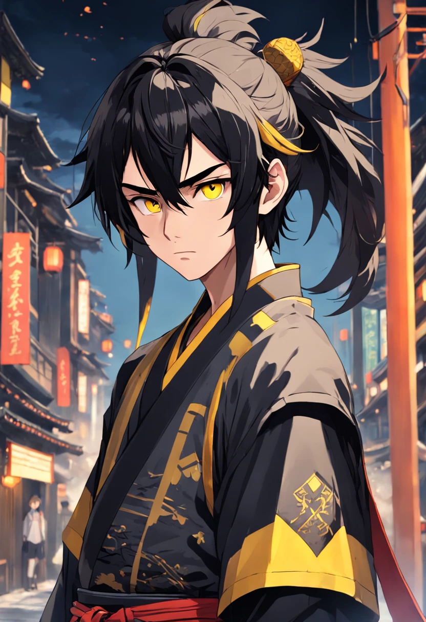 (Masterpiece, top quality, best quality),face details, pixel, pixel art,1boy,16 yrs. old full body, Samurai yellow, black mix outfits, pale skin young boy, yellow eyes, black hair, mid-size ponytail, calm face, male,