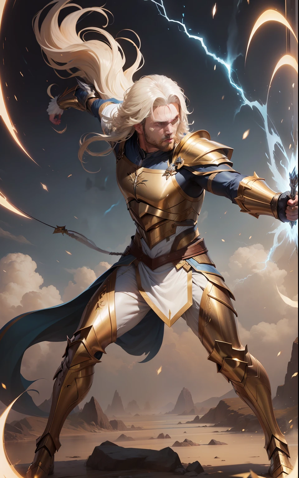 Man with bow Fantasy Action Armor Golden Hair Full Body White Blue Rays Action Background Add Golden Armor Improve Add Archer White Beast Lightning Effects, Cabelo branco